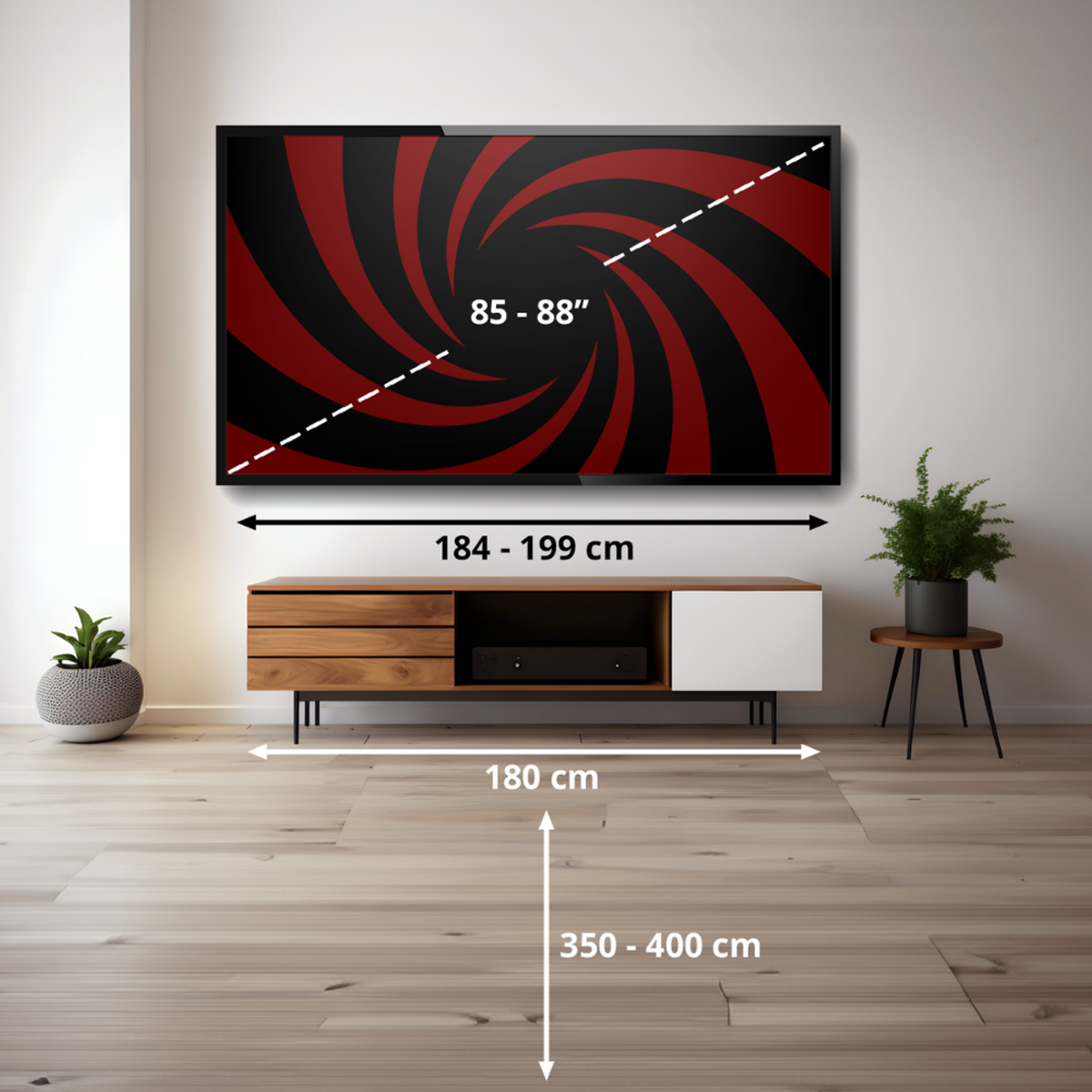 Un televisor grande con patrón de espiral rojo cuelga sobre un mueble de TV de madera.