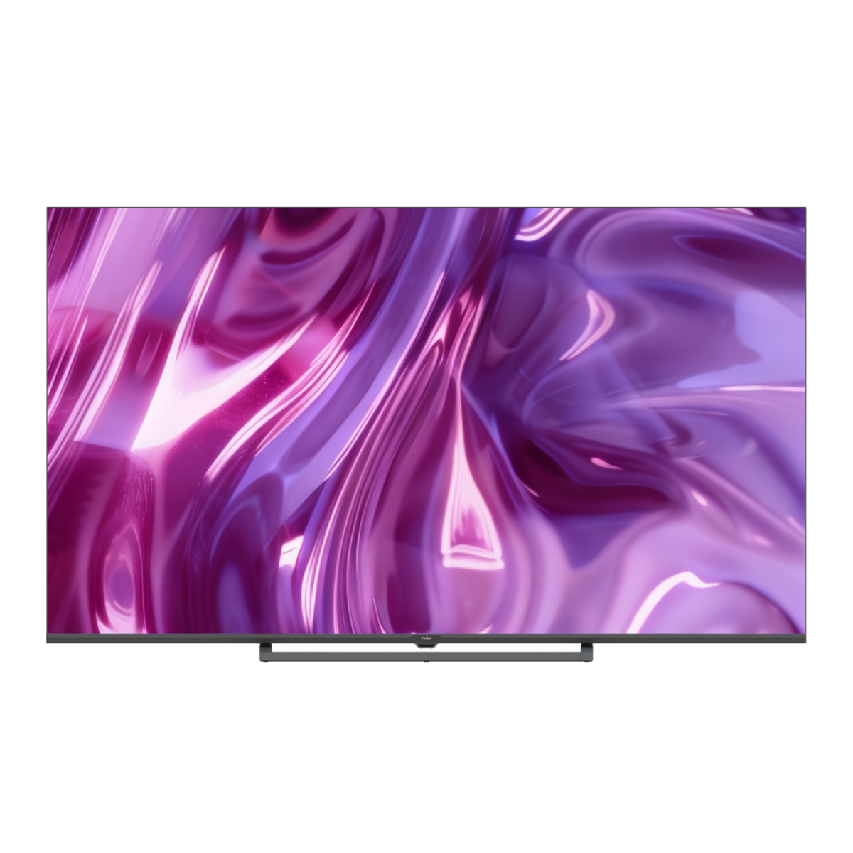 Un televisor moderno que muestra un patrón abstracto dinámico en tonos morados y rosados.