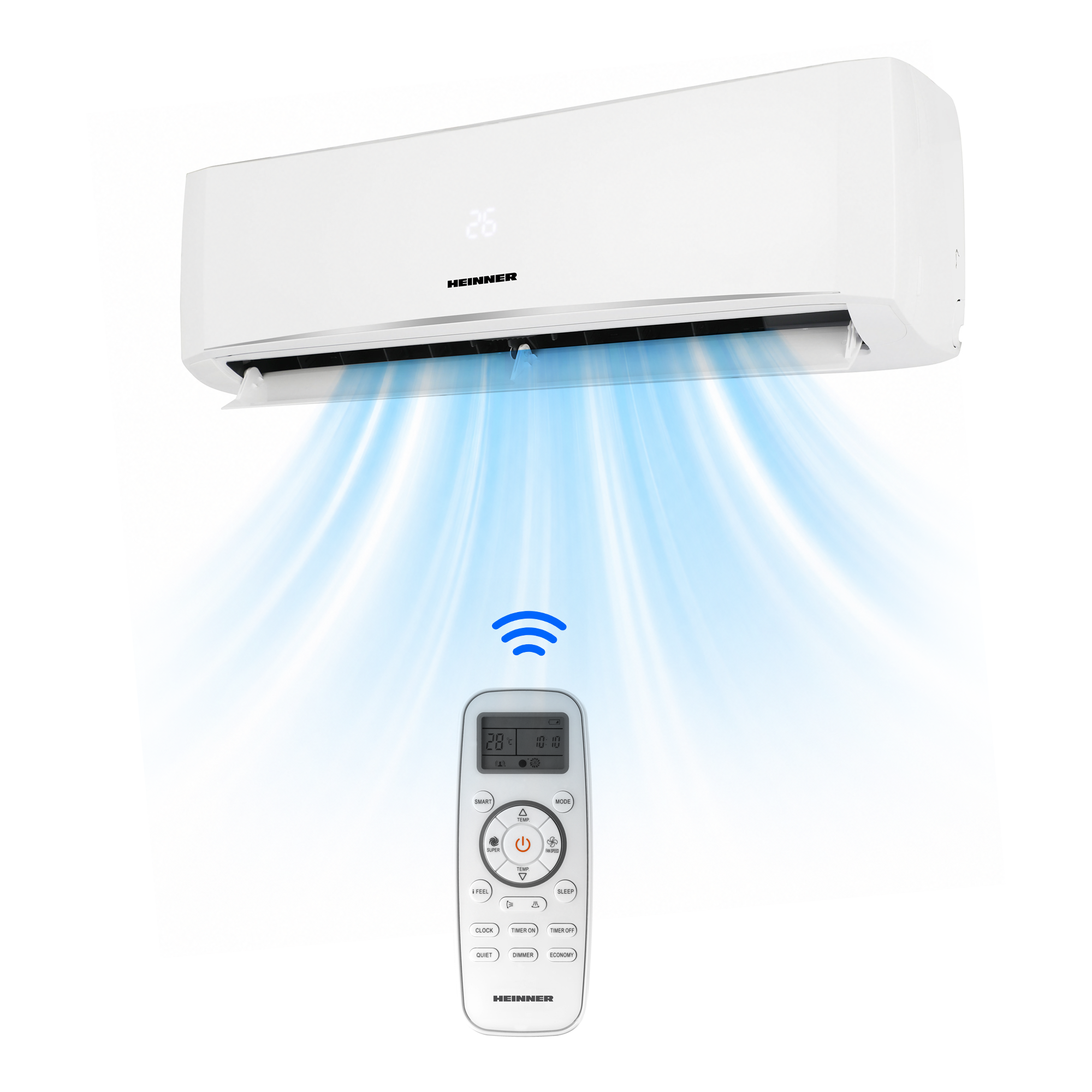 A white air conditioner unit with a remote control, emitting cool air.
