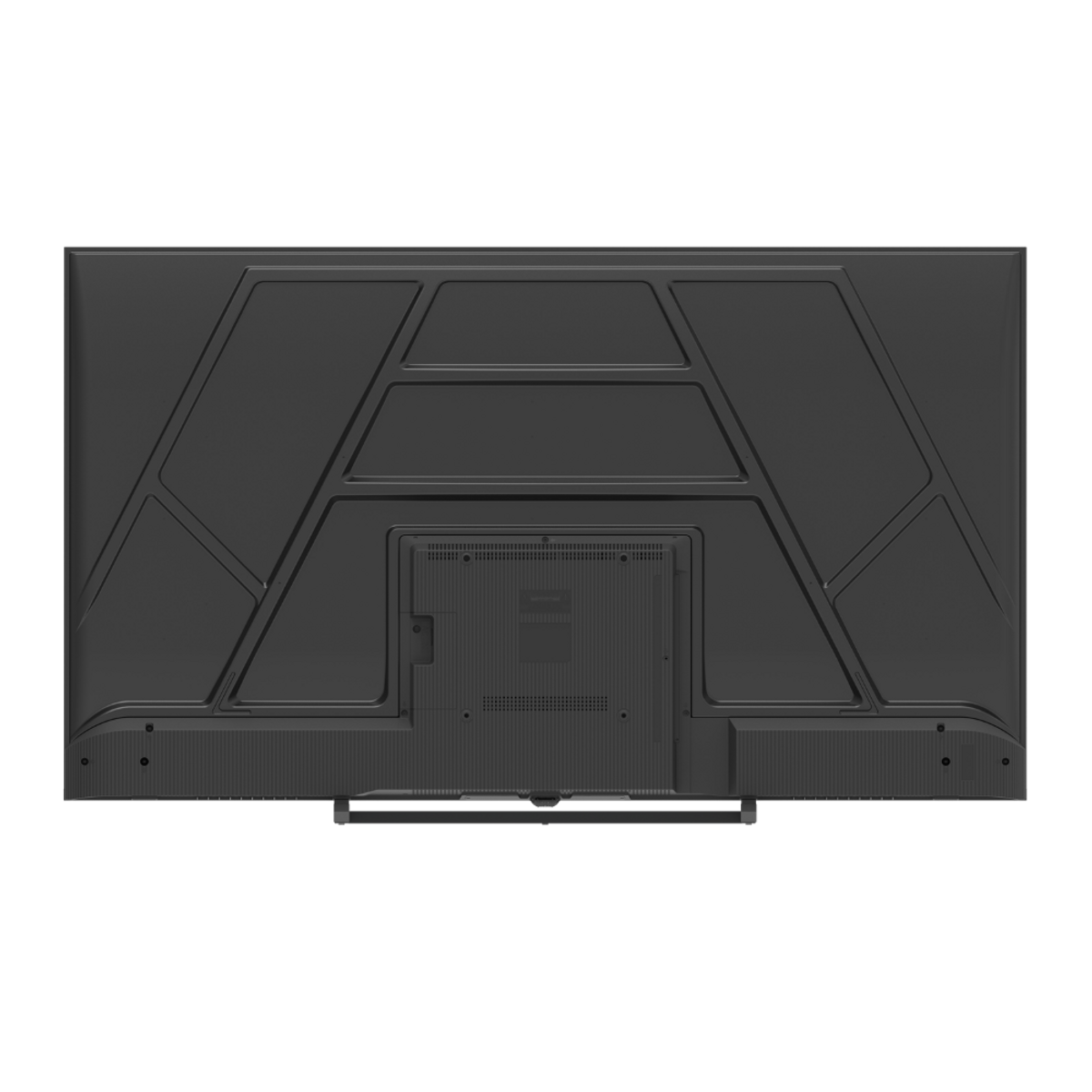 Parte trasera de un televisor negro con patrón texturizado y ranuras de ventilación.