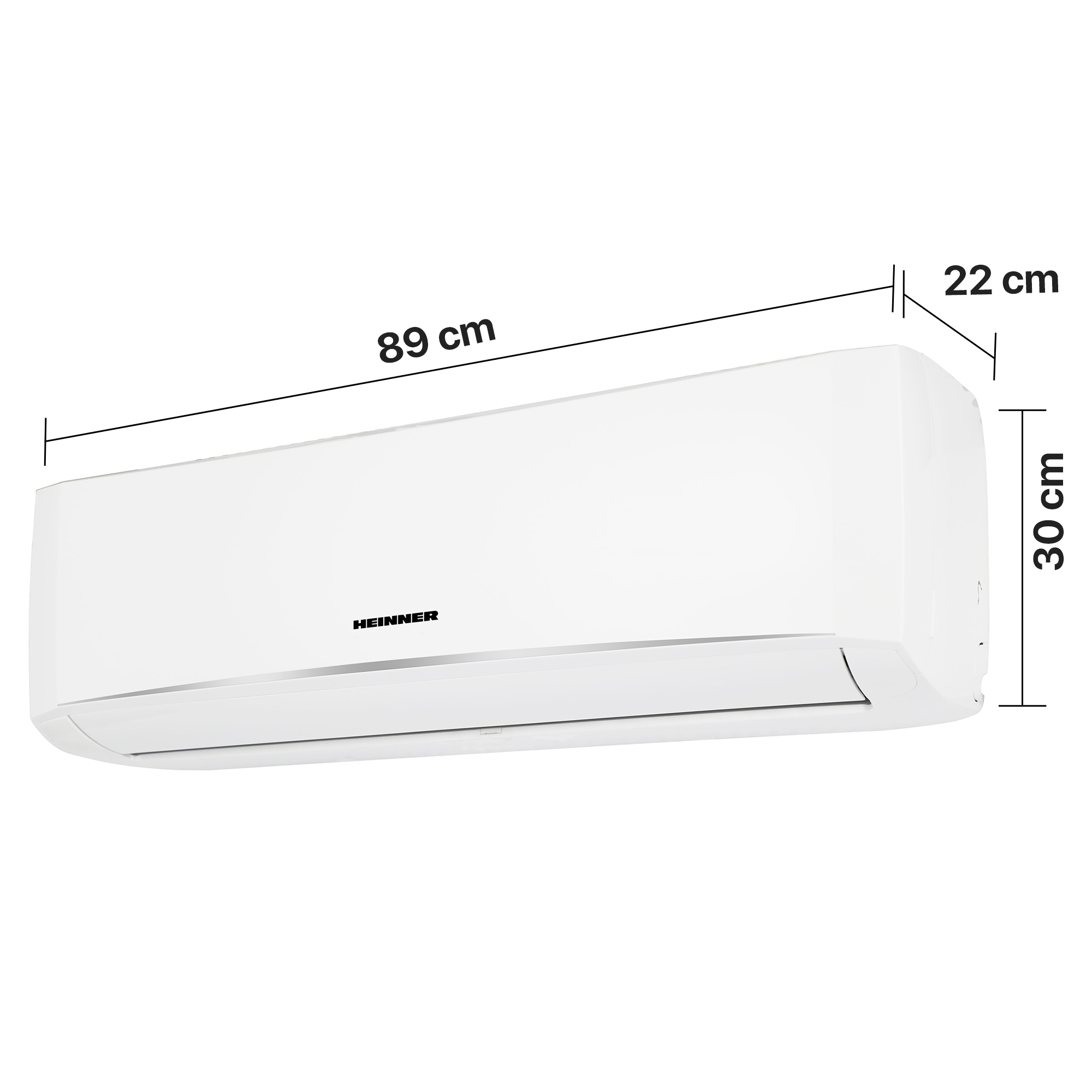 A white air conditioner indoor unit measuring 89x30x22 cm.