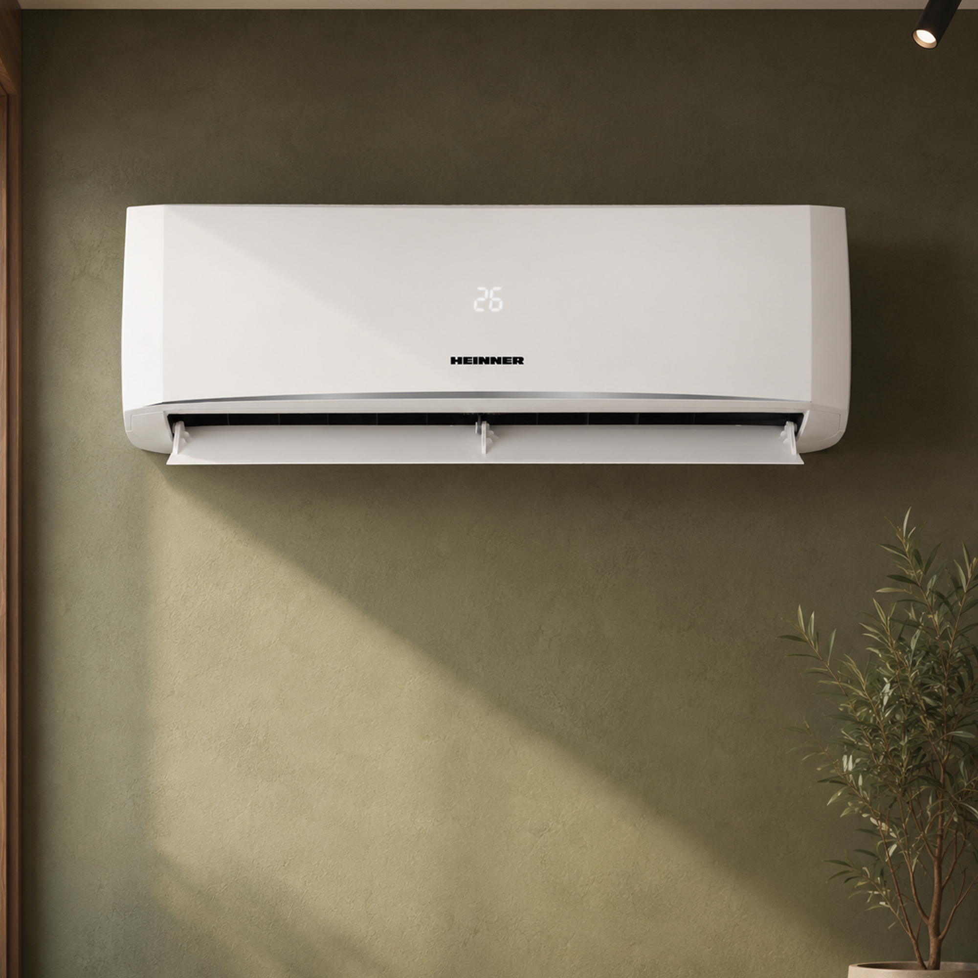 A white air conditioner unit mounted on a green wall, with a plant to the right.