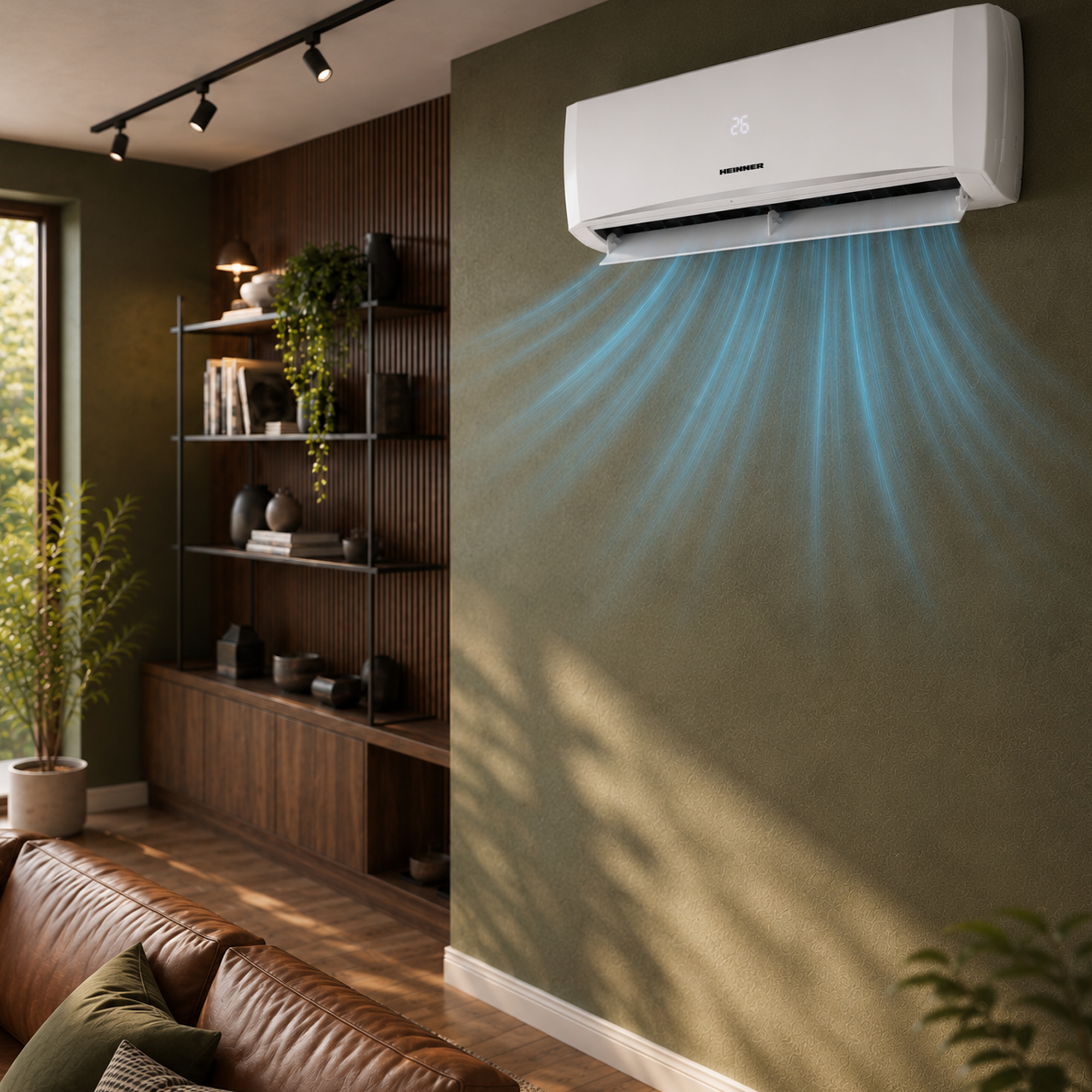 A white air conditioner blowing blue cool air onto a textured olive green wall.