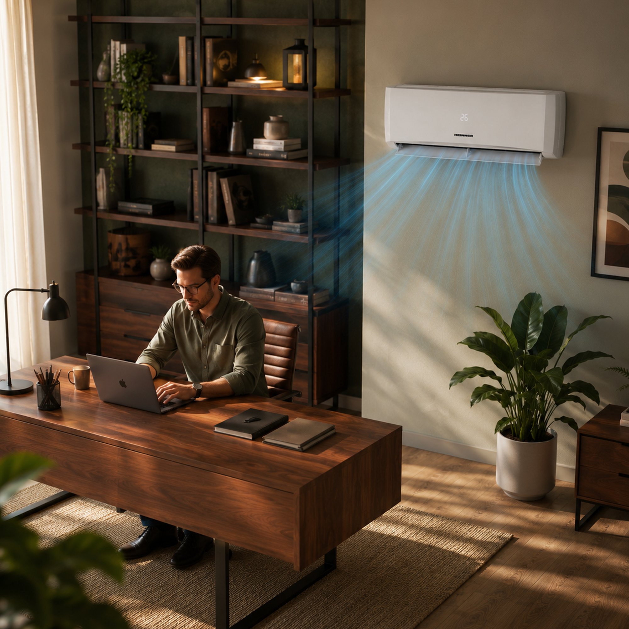 Man at desk with laptop, air conditioner blowing cool air.