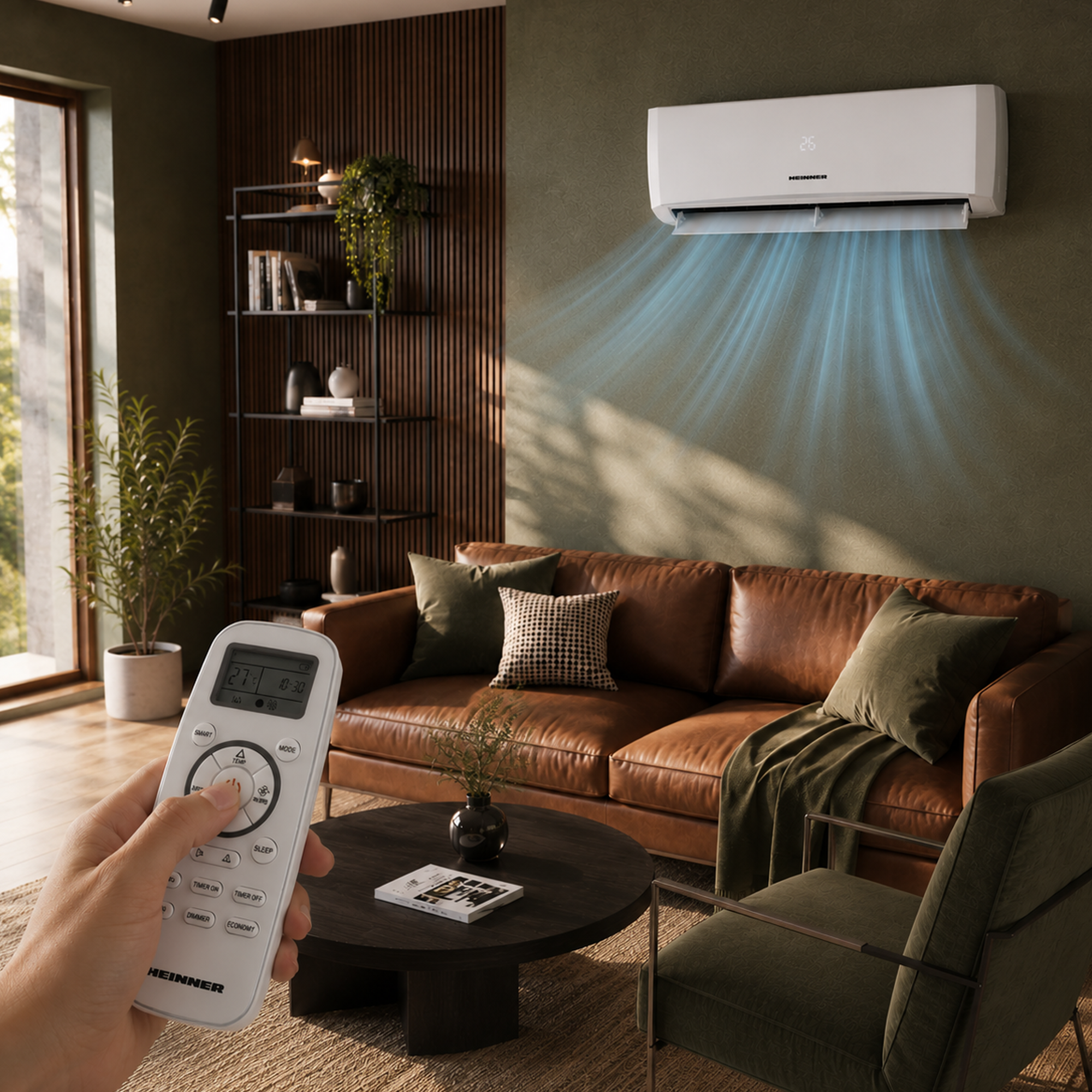 A person holds a remote control, operating a white air conditioner on a dark green wall, cooling a living room.