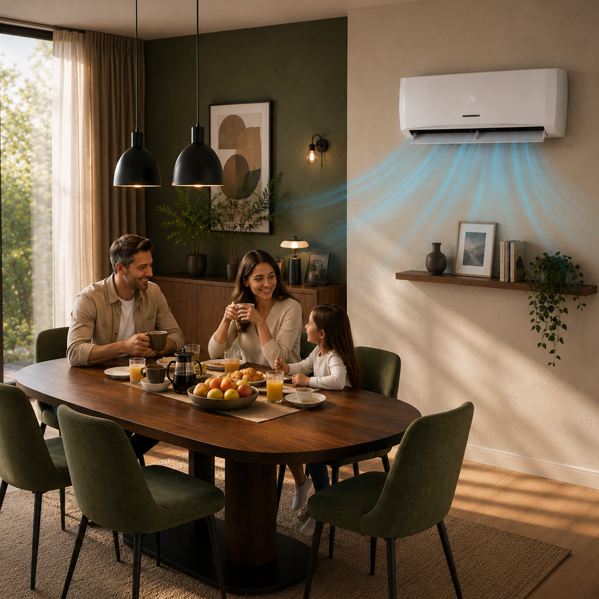 A family of three enjoys breakfast at a dining table, with an air conditioner cooling the room from above.
