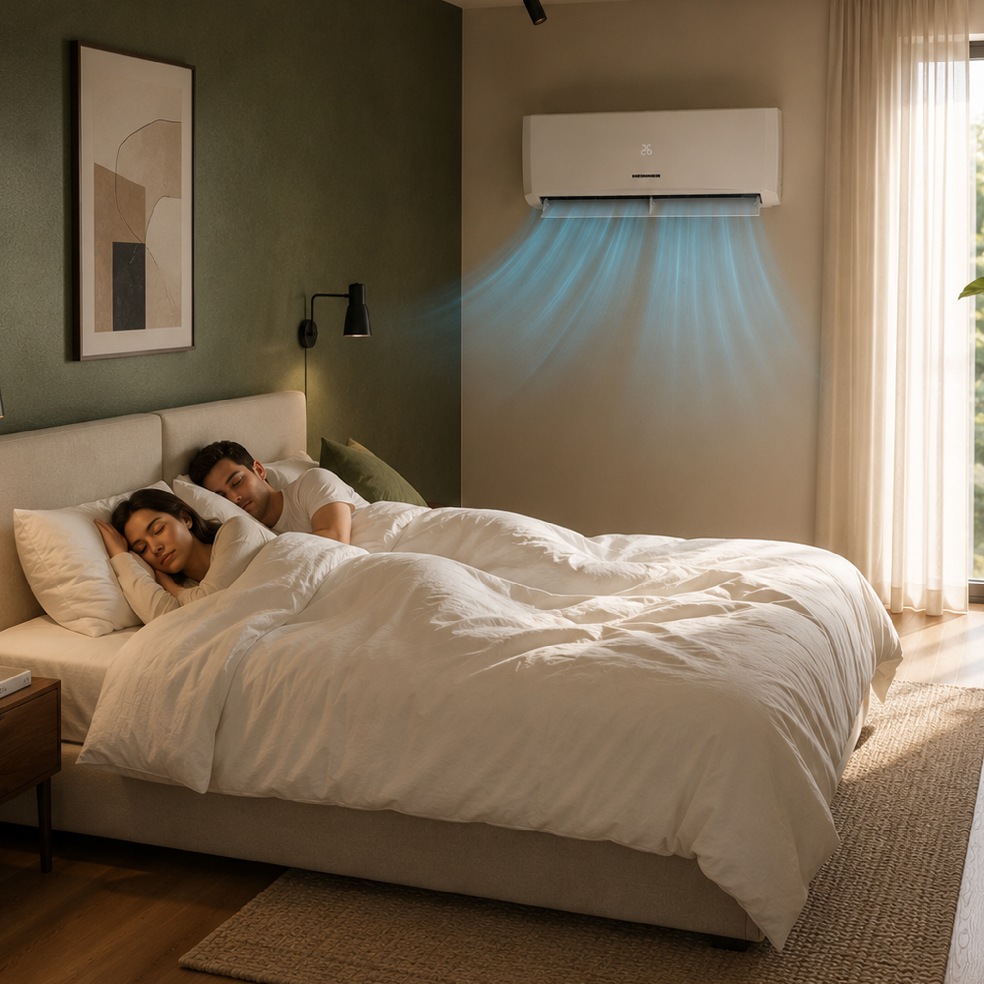 A couple sleeps peacefully in a cozy bedroom with an air conditioner cooling them, illuminated by soft window light.