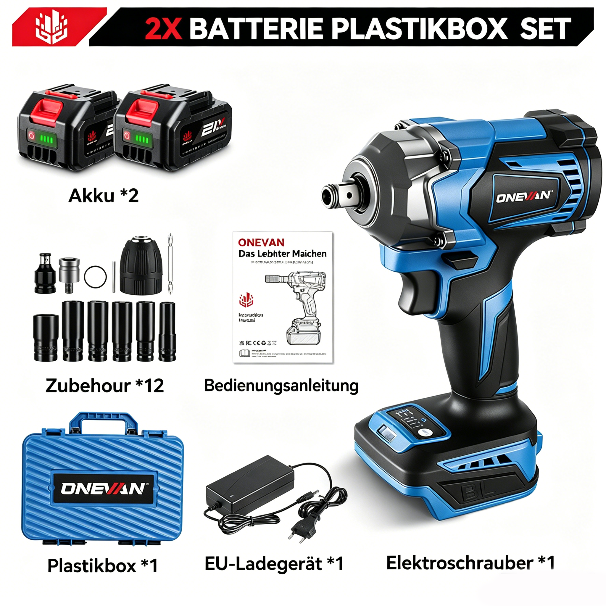 Ein komplettes Werkzeugset mit einem blau-schwarzen Schlagschrauber, zwei Akkus, diversem Zubehör, einem Ladegerät und einem blauen Tragekoffer, alles auf weißem Hintergrund.