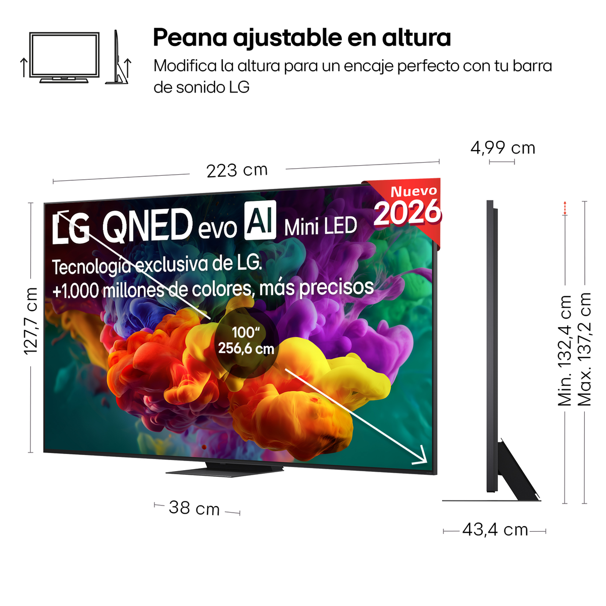 Un grande televisore LG QNED evo Mini LED con arte astratta colorata sullo schermo, dimensioni e caratteristiche etichettate.