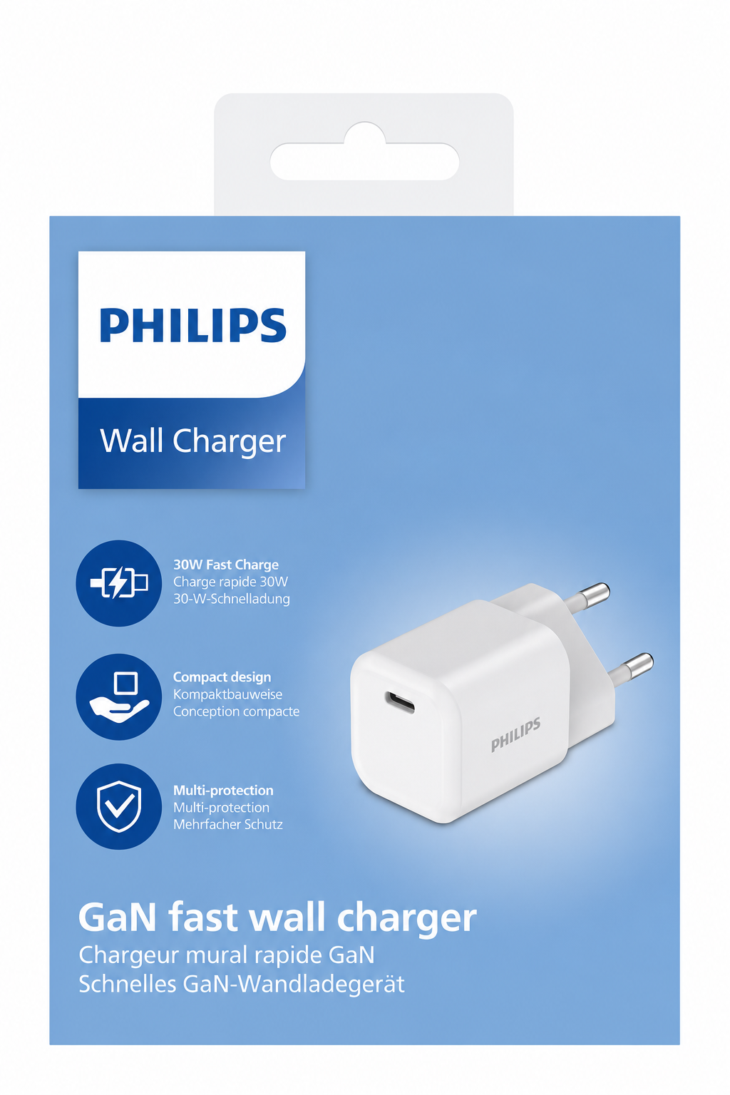 USB-C portlu ve AB fişli beyaz Philips GaN duvar &ccedil;arj aleti.