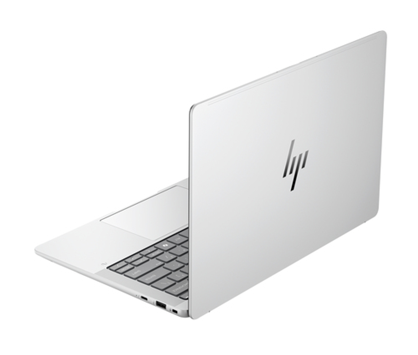 Un portátil plateado con el logo de HP en la parte posterior, sobre fondo blanco.