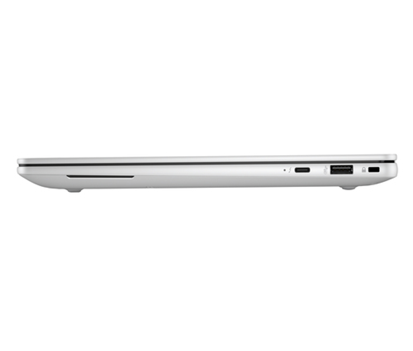 Un portátil delgado y plateado visto de lado, mostrando puertos USB-C y USB-A.