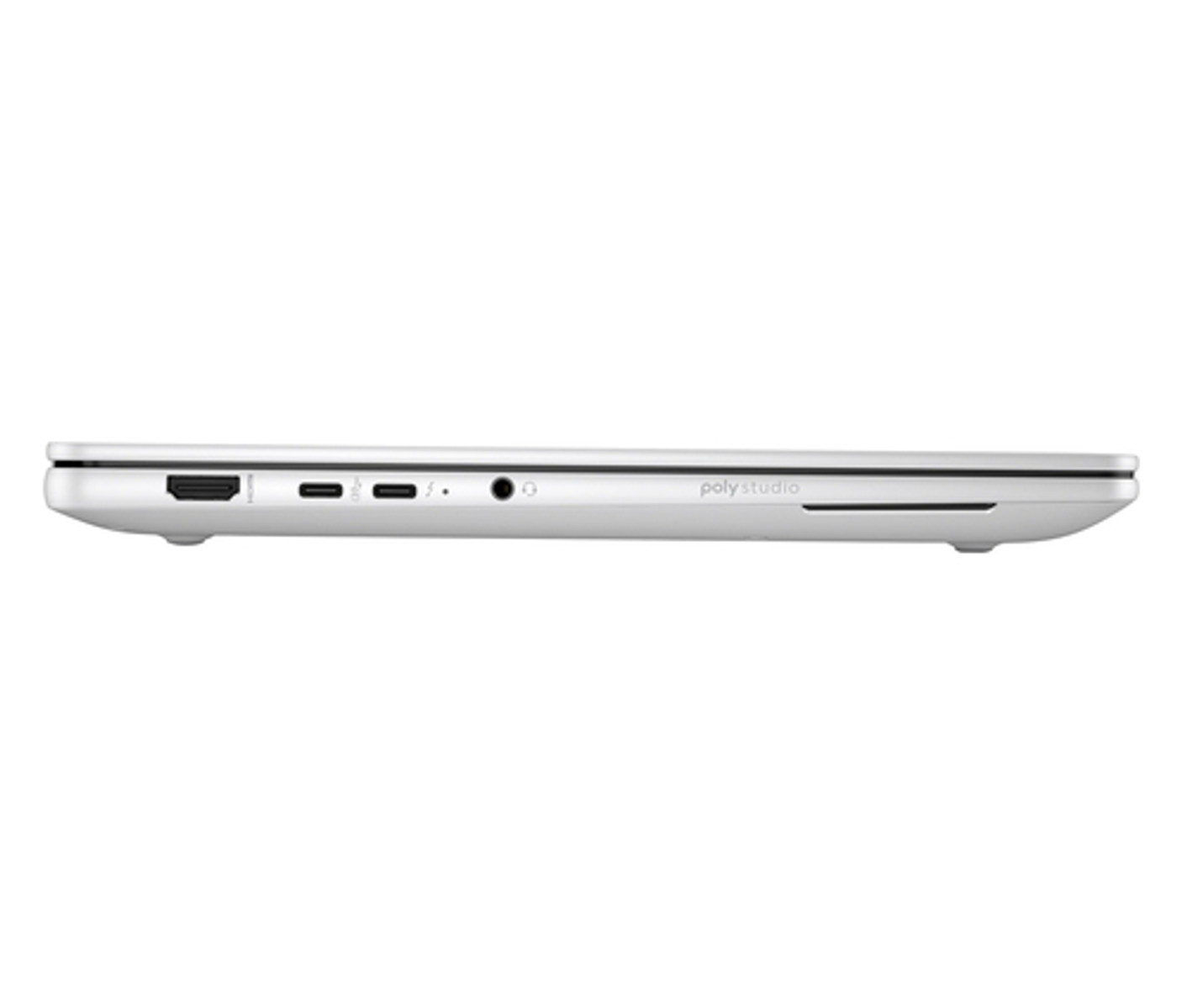 Vista lateral de portátil blanco con puertos: HDMI, USB-C, USB-A, jack auriculares.