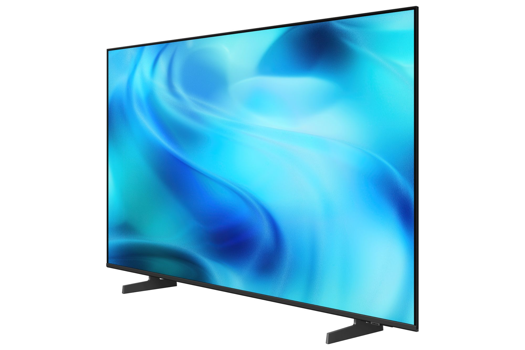 Un televisor moderno de pantalla plana que muestra un elegante patrón de ondas azules.