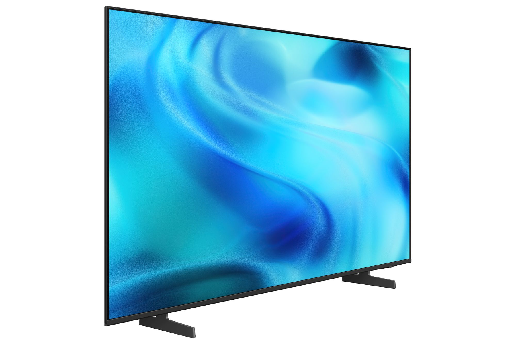 Un televisor moderno de pantalla plana que muestra un patrón azul fluido en su pantalla.