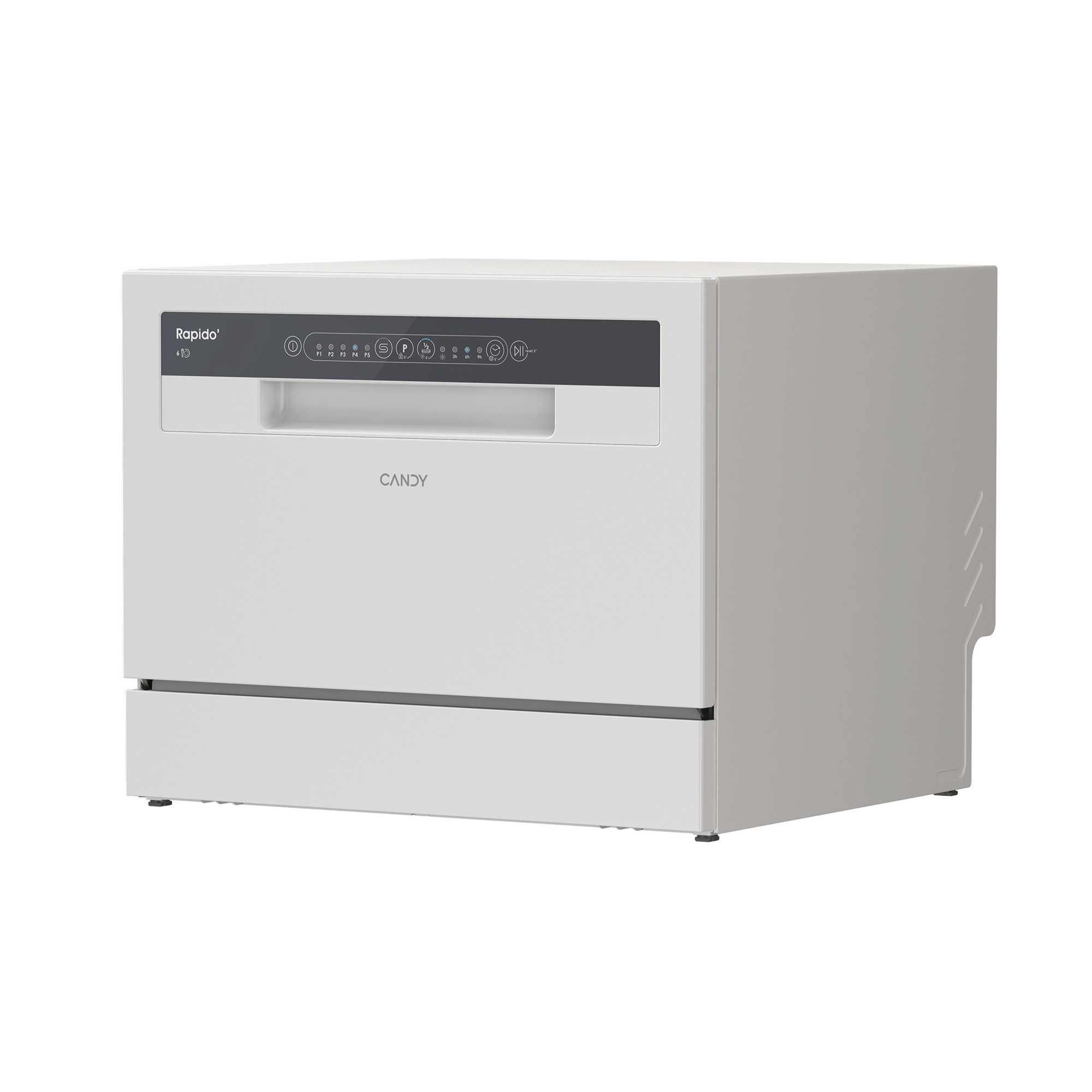 Un lavavajillas compacto blanco con un panel de control gris oscuro en la parte superior, con varios botones e indicadores, sobre un fondo blanco.