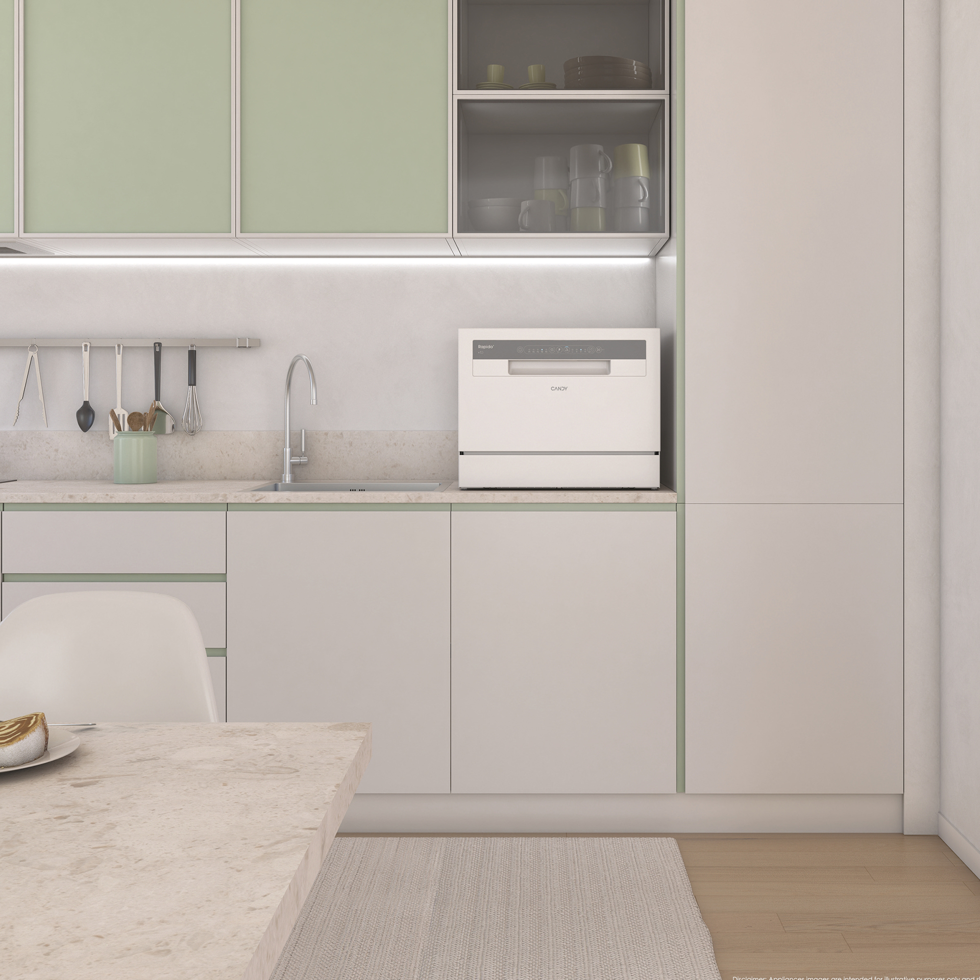 Una cocina moderna con gabinetes superiores verde claro, gabinetes inferiores blancos y lavavajillas.