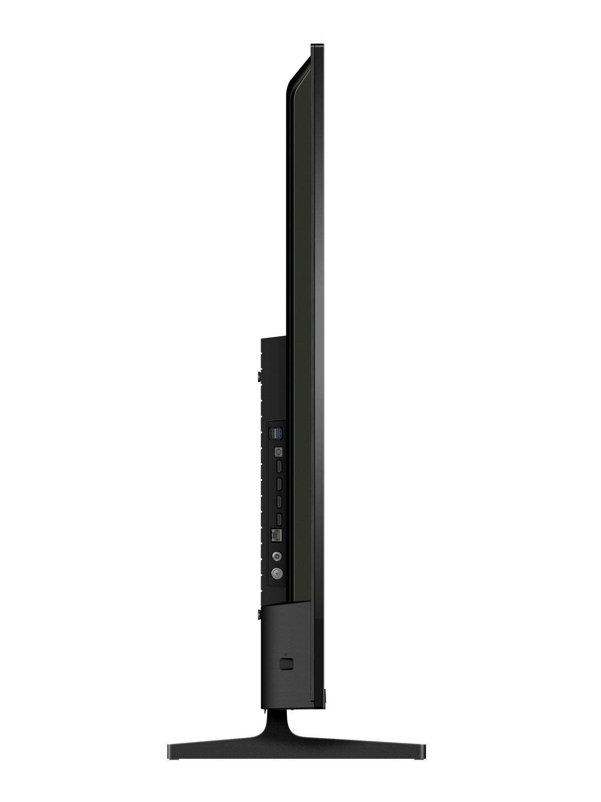 Vue latérale d'une télévision noire fine avec ports et pied.