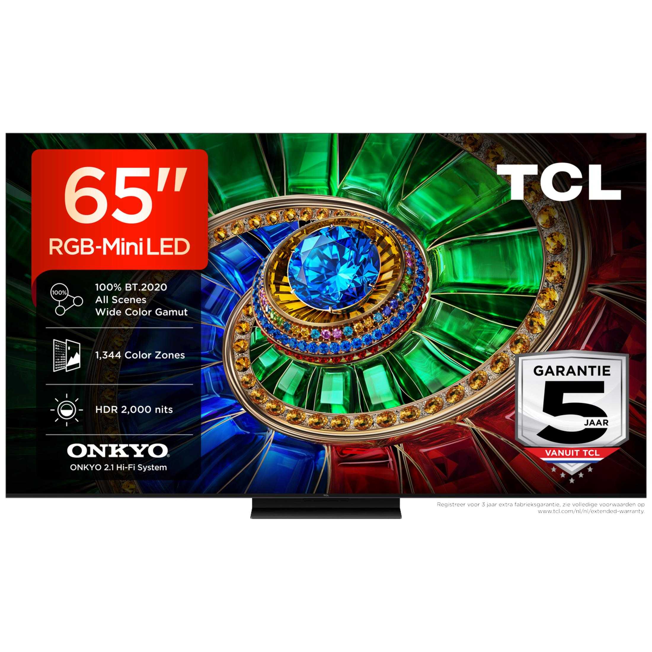 TV TCL da 65 pollici con RGB-Mini-LED, 100% BT.2020, 1344 zone, HDR 2000.
