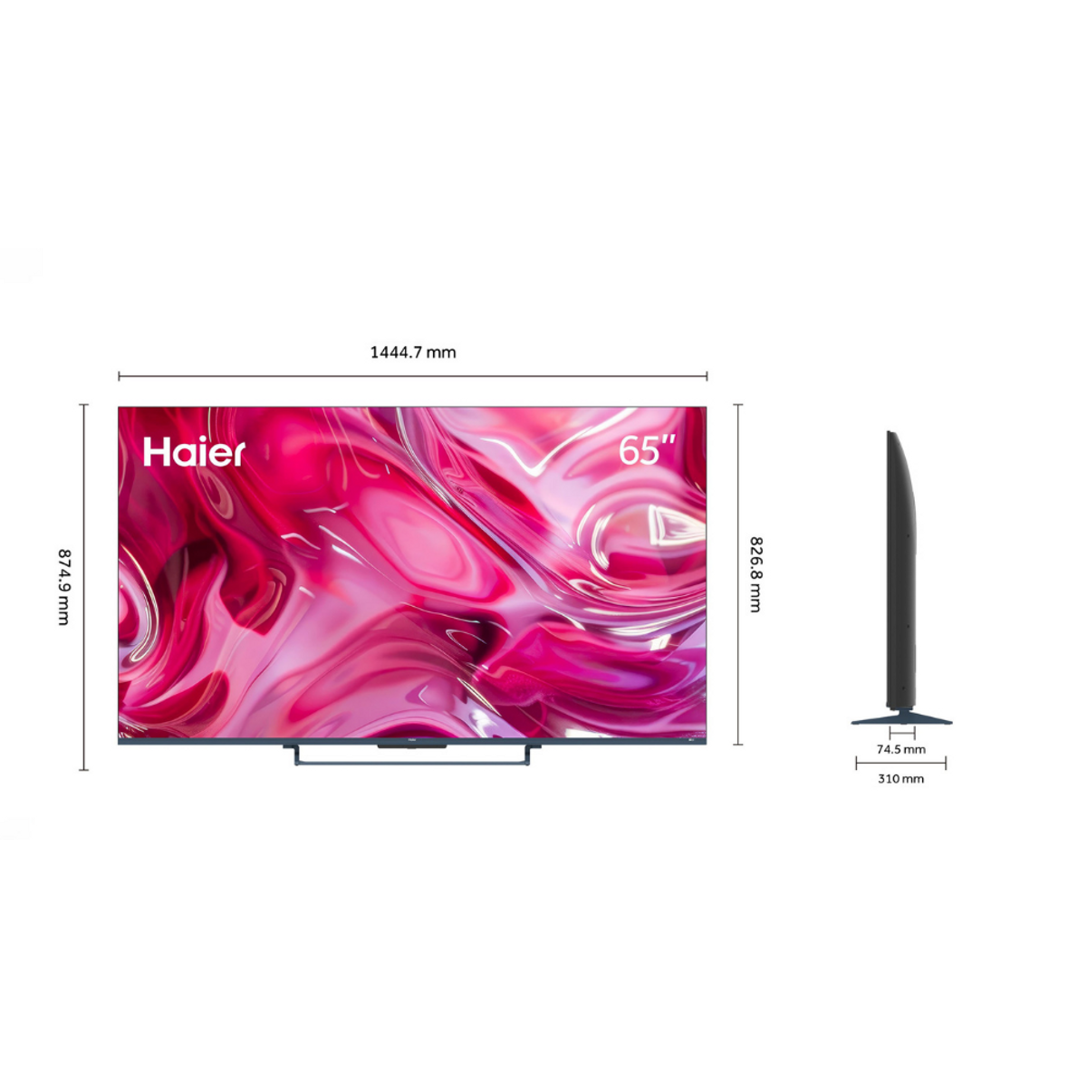 Un televisor Haier de 65 pulgadas con patrones abstractos rojos y rosas.