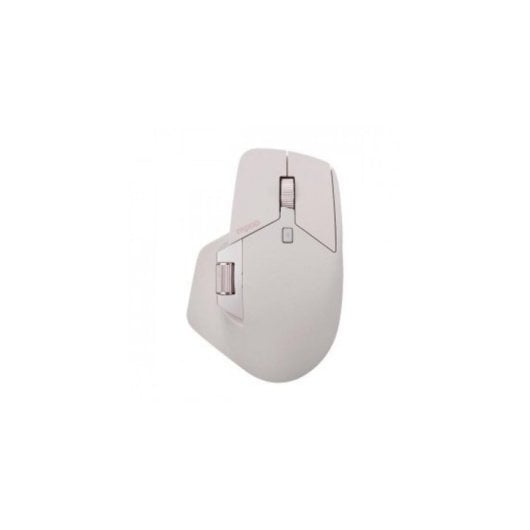 Un ratón de ordenador ergonómico de color claro con rueda de desplazamiento y botones.