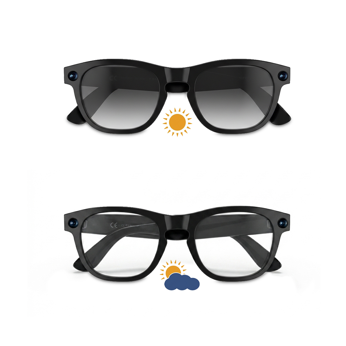 Dos pares de gafas negras, unas con lentes tintadas, las otras claras.