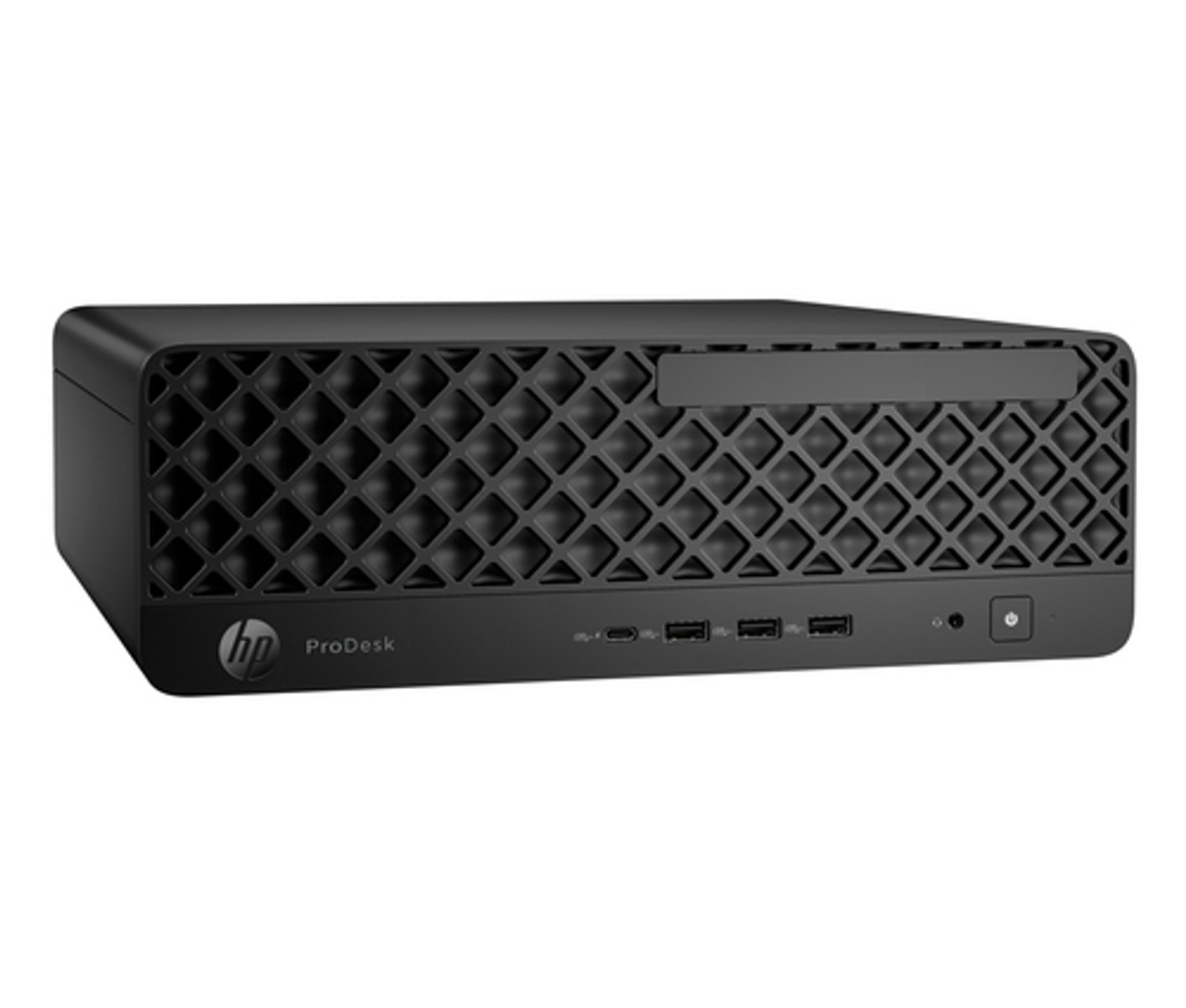 Computer HP ProDesk nero con porte USB e pulsante di accensione.