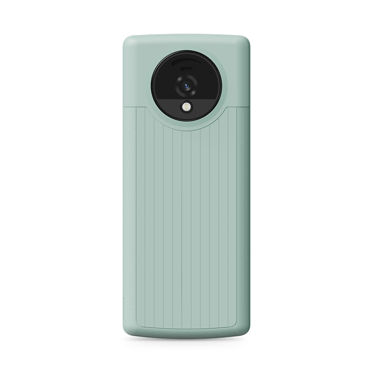 Una funda verde menta con ranuras verticales y lente de cámara redonda.