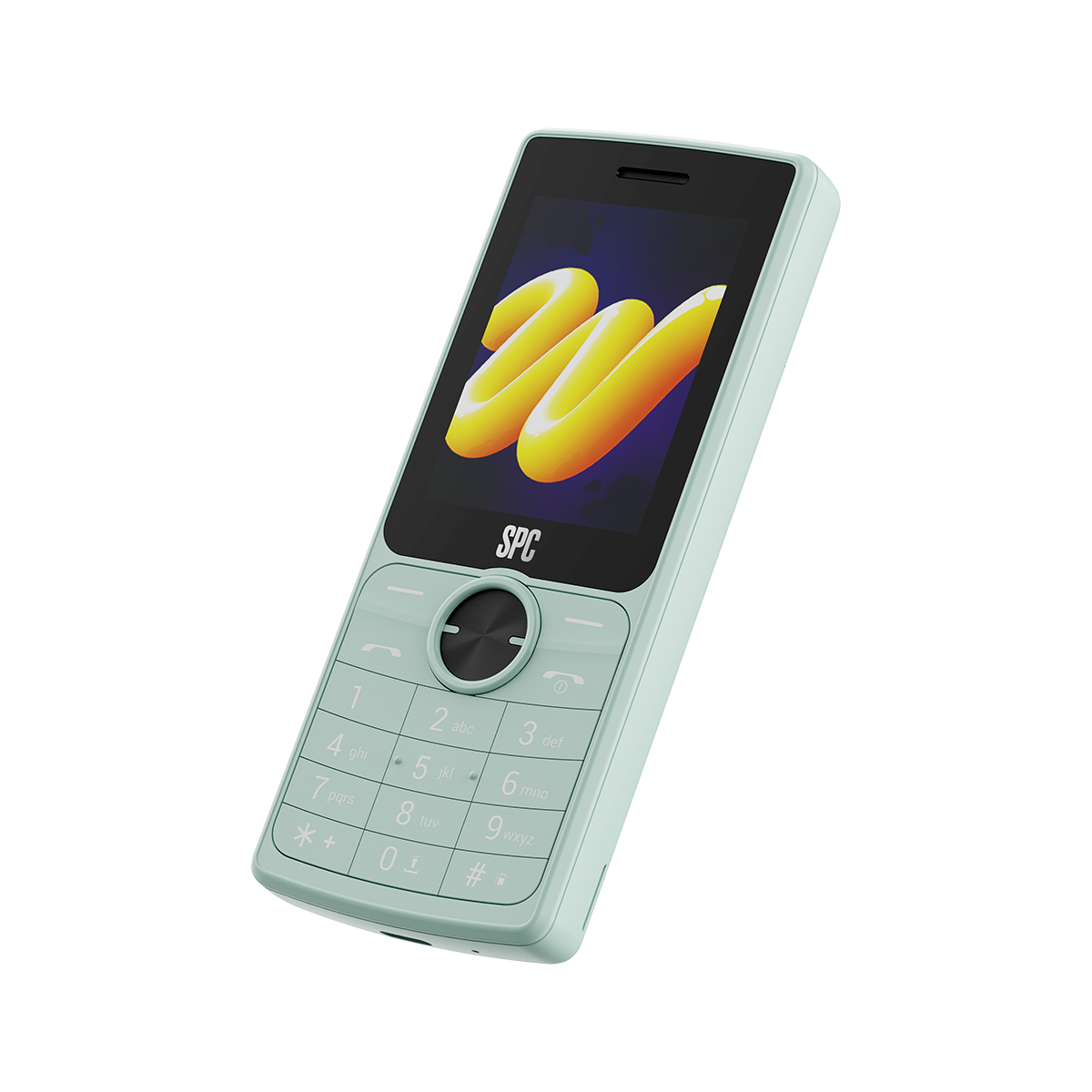 Un teléfono móvil SPC verde claro con teclado numérico y pantalla con logo amarillo 'W'.