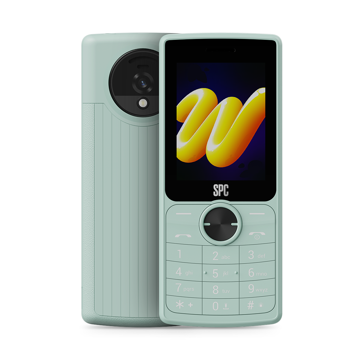 Un teléfono plegable SPC verde claro con cámara trasera y una 'W' amarilla en pantalla.