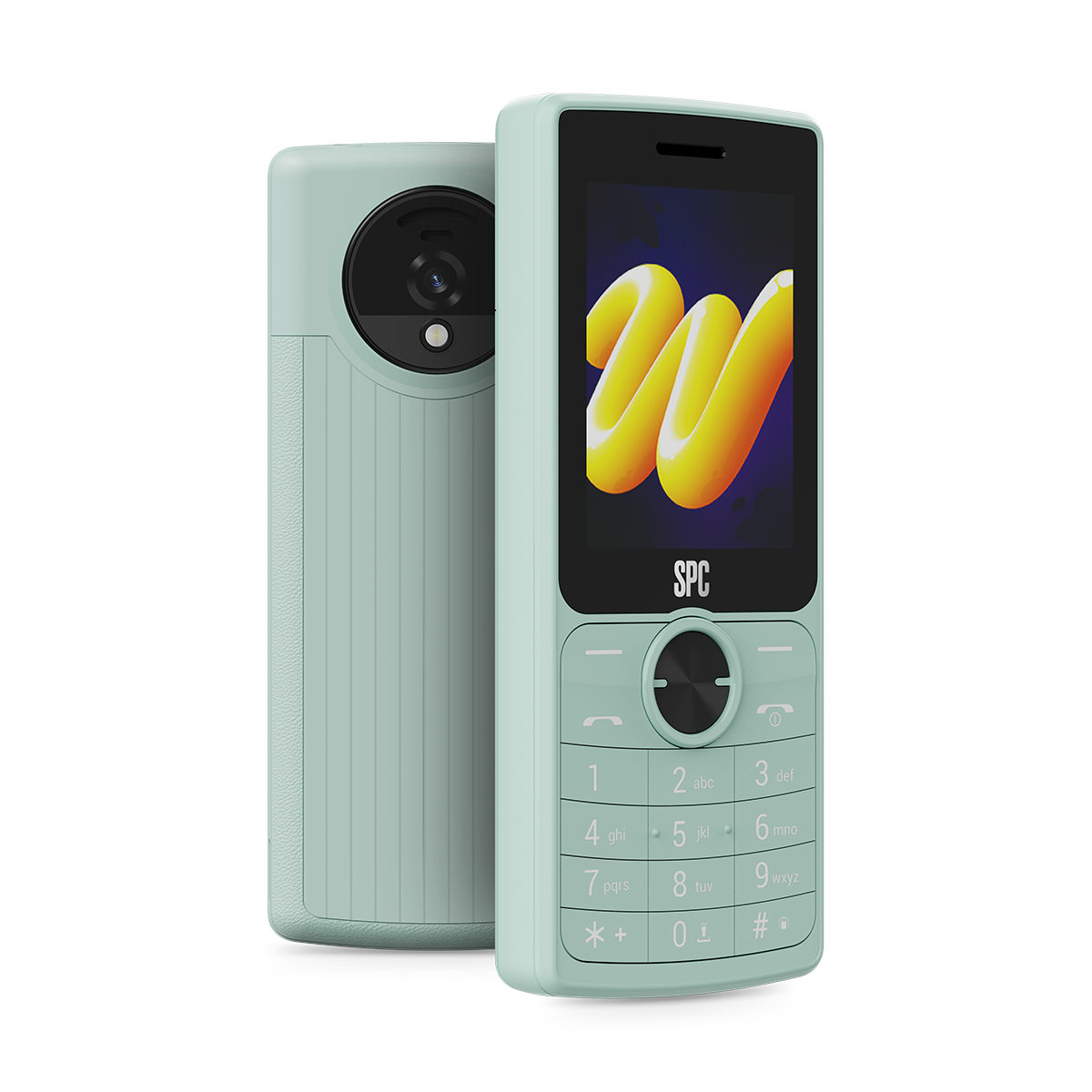 Dos teléfonos verde menta, uno frontal con pantalla, otro trasero con cámara.