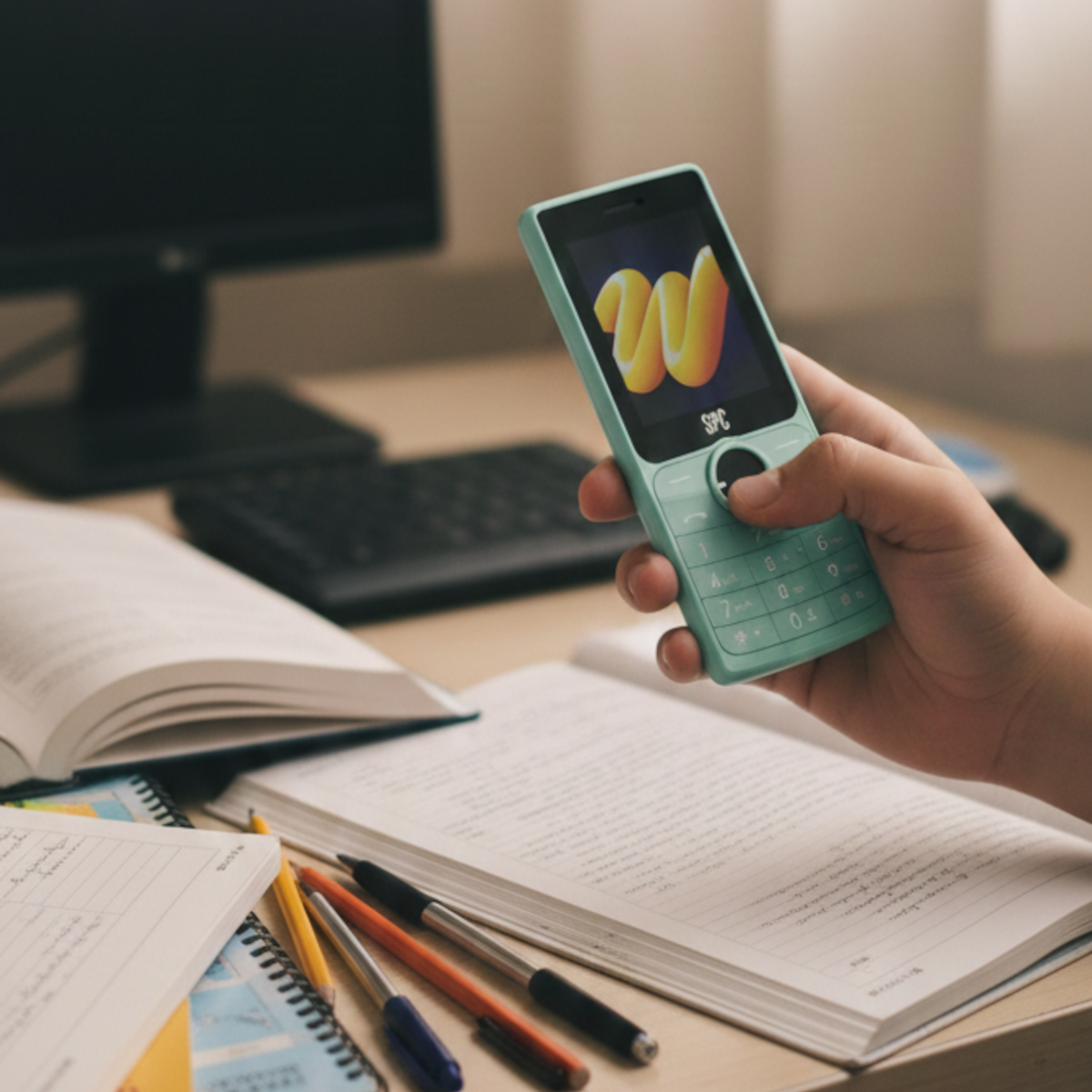 Una mano sostiene un teléfono turquesa sobre un escritorio con libros abiertos y bolígrafos.