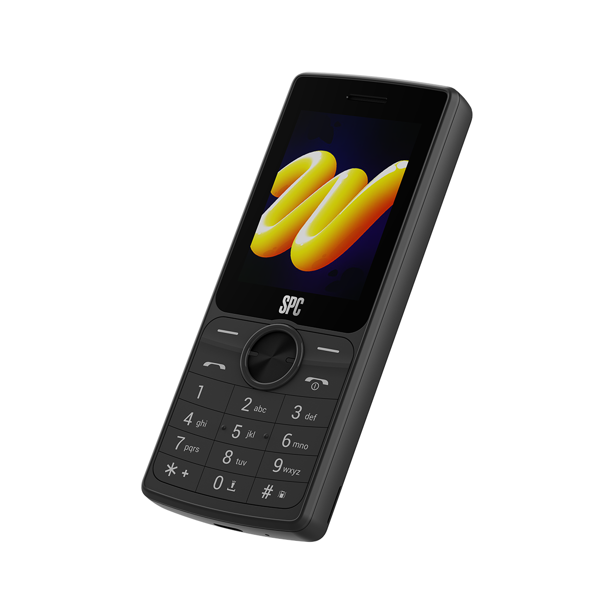 Teléfono móvil SPC negro con pantalla colorida que muestra formas onduladas amarillas.