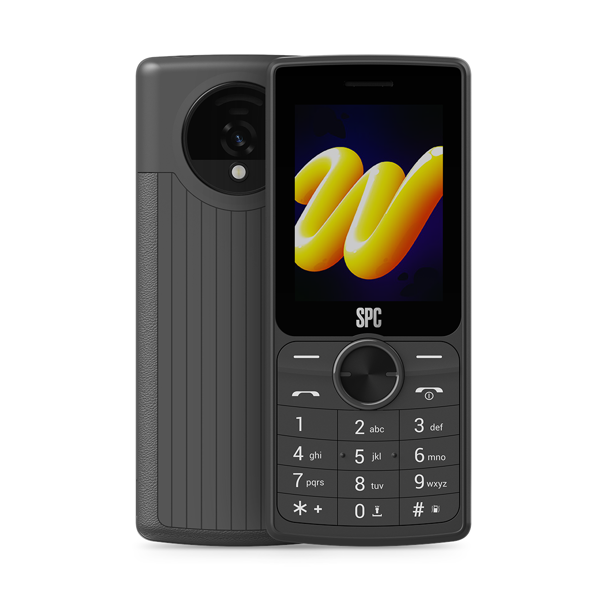 Un teléfono móvil SPC negro con teclado y pantalla que muestra una W amarilla.