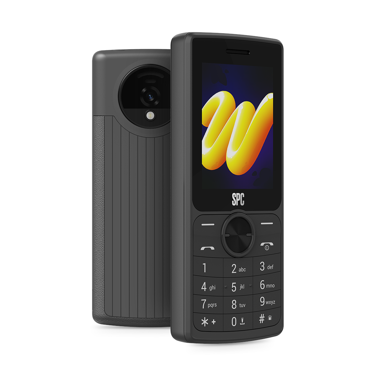 Dos teléfonos móviles negros SPC uno al lado del otro, uno con cámara.