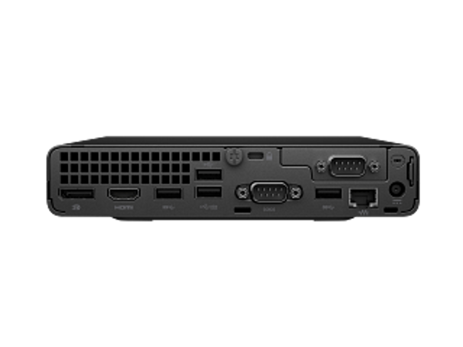 Retro di un mini PC nero con porte: HDMI, USB, VGA, Seriale, Ethernet.
