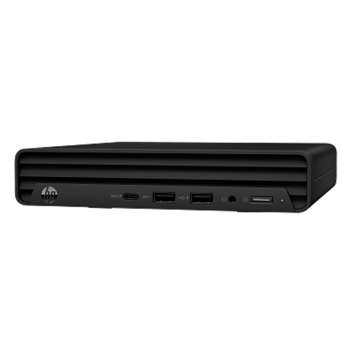 Mini PC HP nero con prese d'aria e porte frontali.