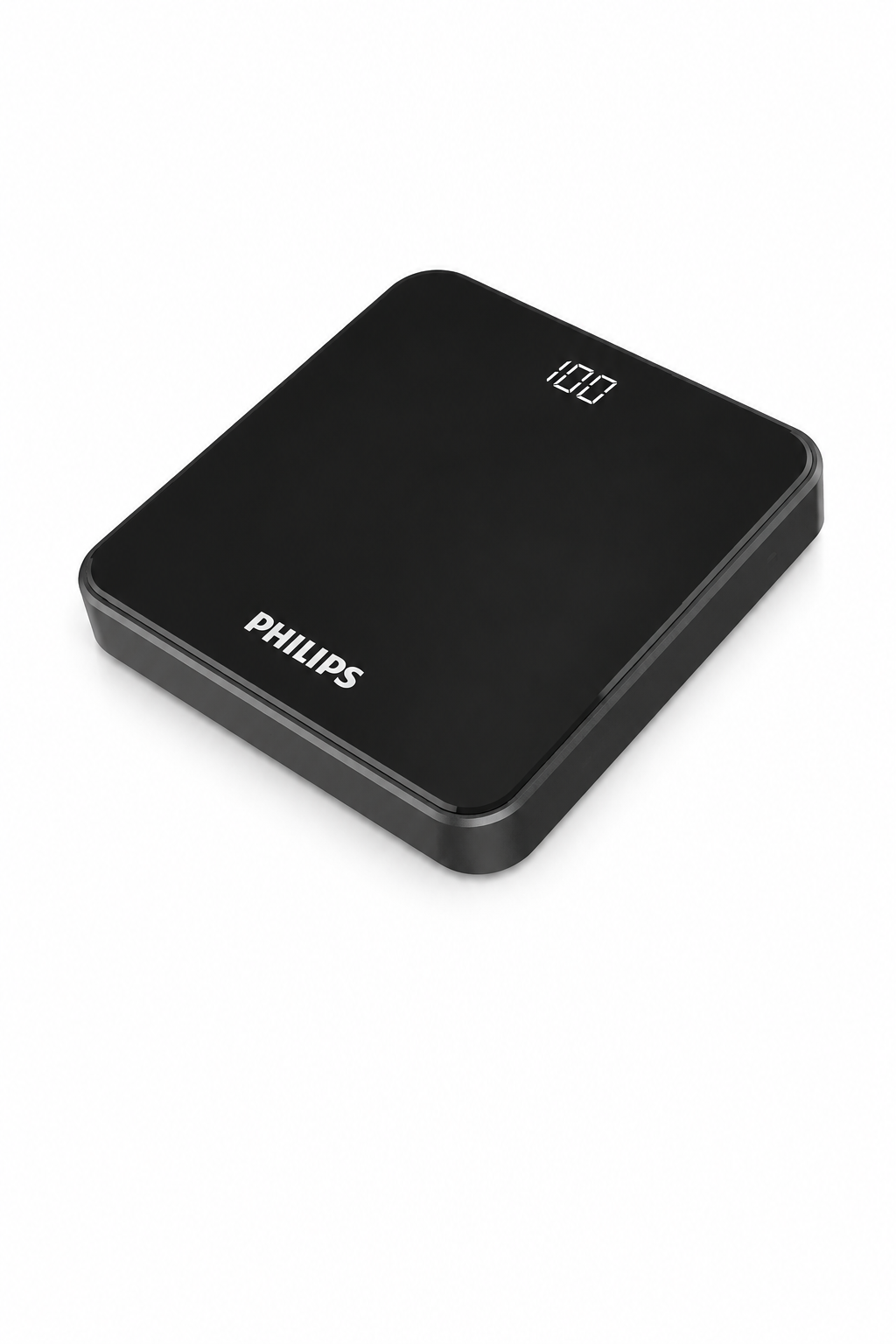 Philips logolu siyah dijital tartı, üzerinde 100 yazıyor.
