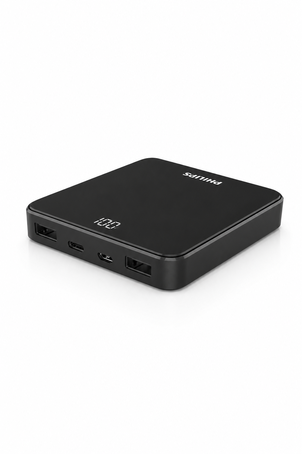 Siyah taşınabilir şarj cihazı, %100 göstergeli ve USB portlu.