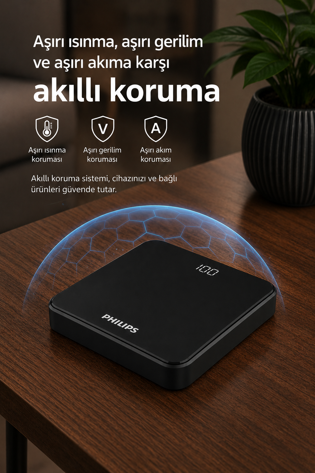 Dijital ekranlı ve koruma simgeli siyah Philips şarj cihazı.