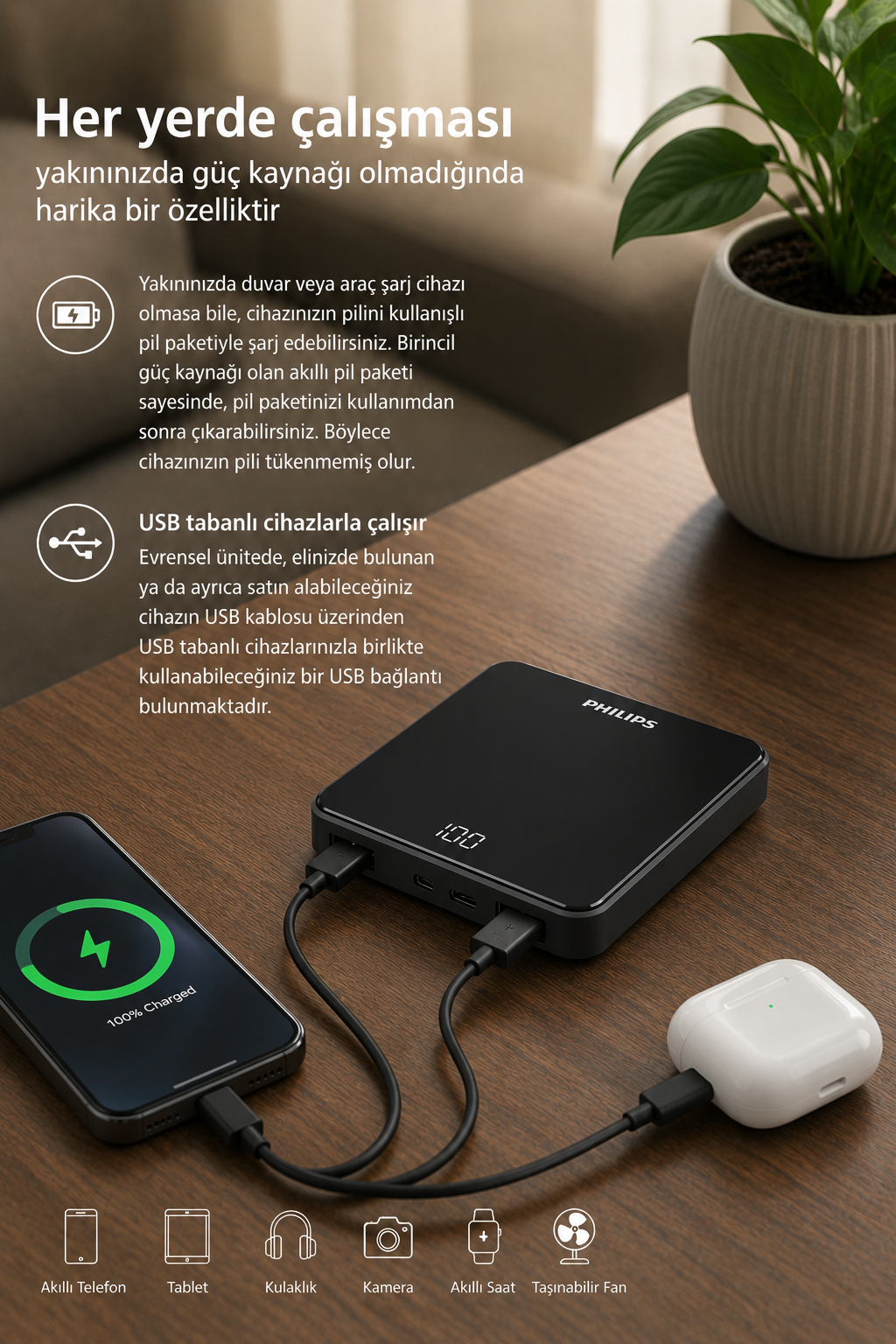 Siyah Philips powerbank ahşap masada akıllı telefon ve beyaz kulaklığı şarj ediyor.