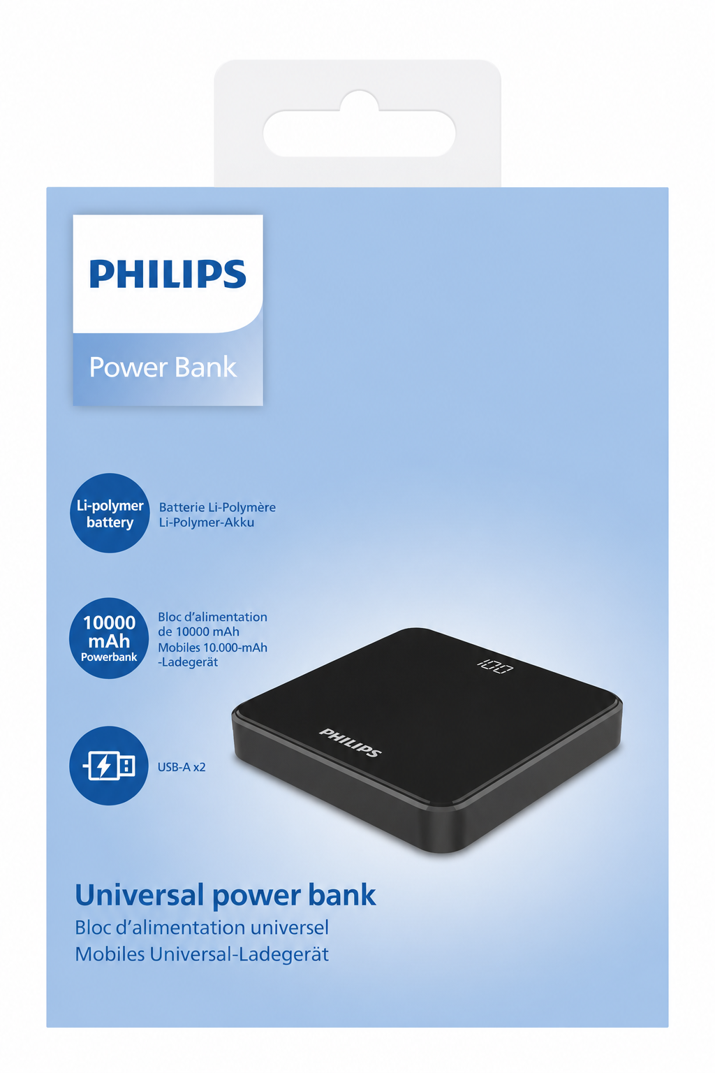 Mavi beyaz bir Philips power bank kutusu, siyah bir power bankı '100' ekranı ve ürün detaylarıyla gösteriyor.