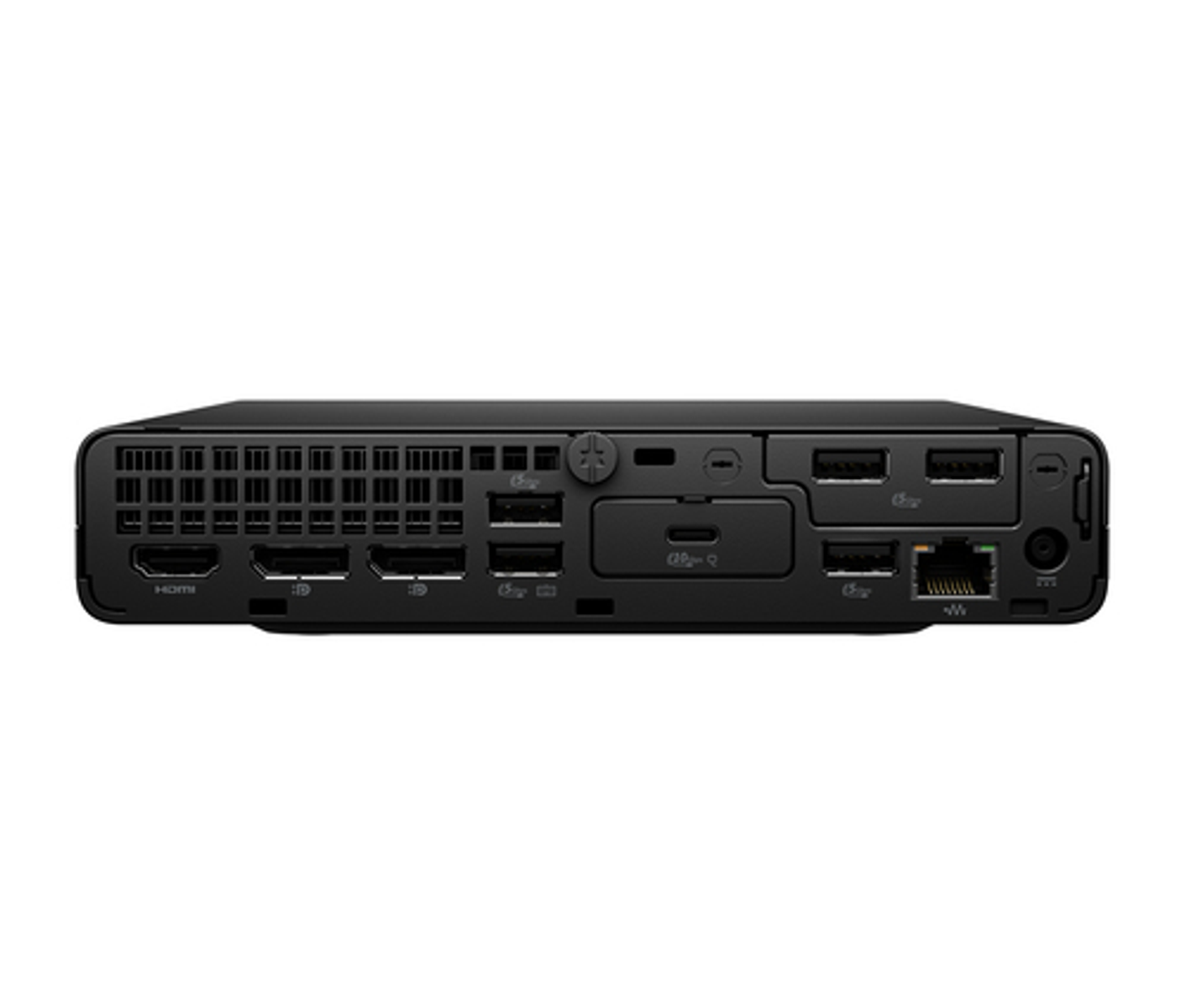 Vista posteriore di un mini PC nero con porte HDMI, USB ed Ethernet visibili.