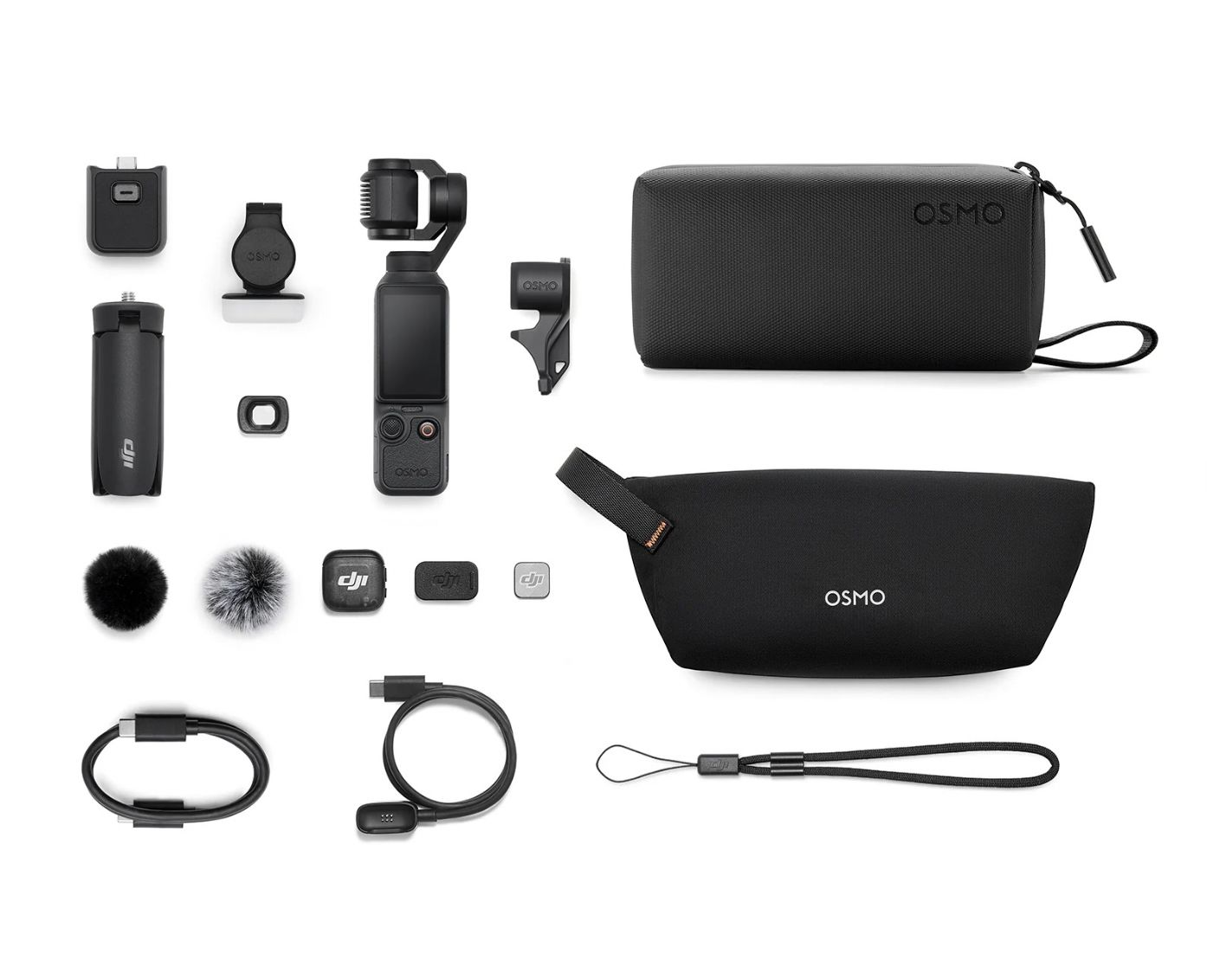 Schwarzes DJI Osmo Pocket 3 Zubehör: Gimbal, Mikrofone, Kabel und Taschen.