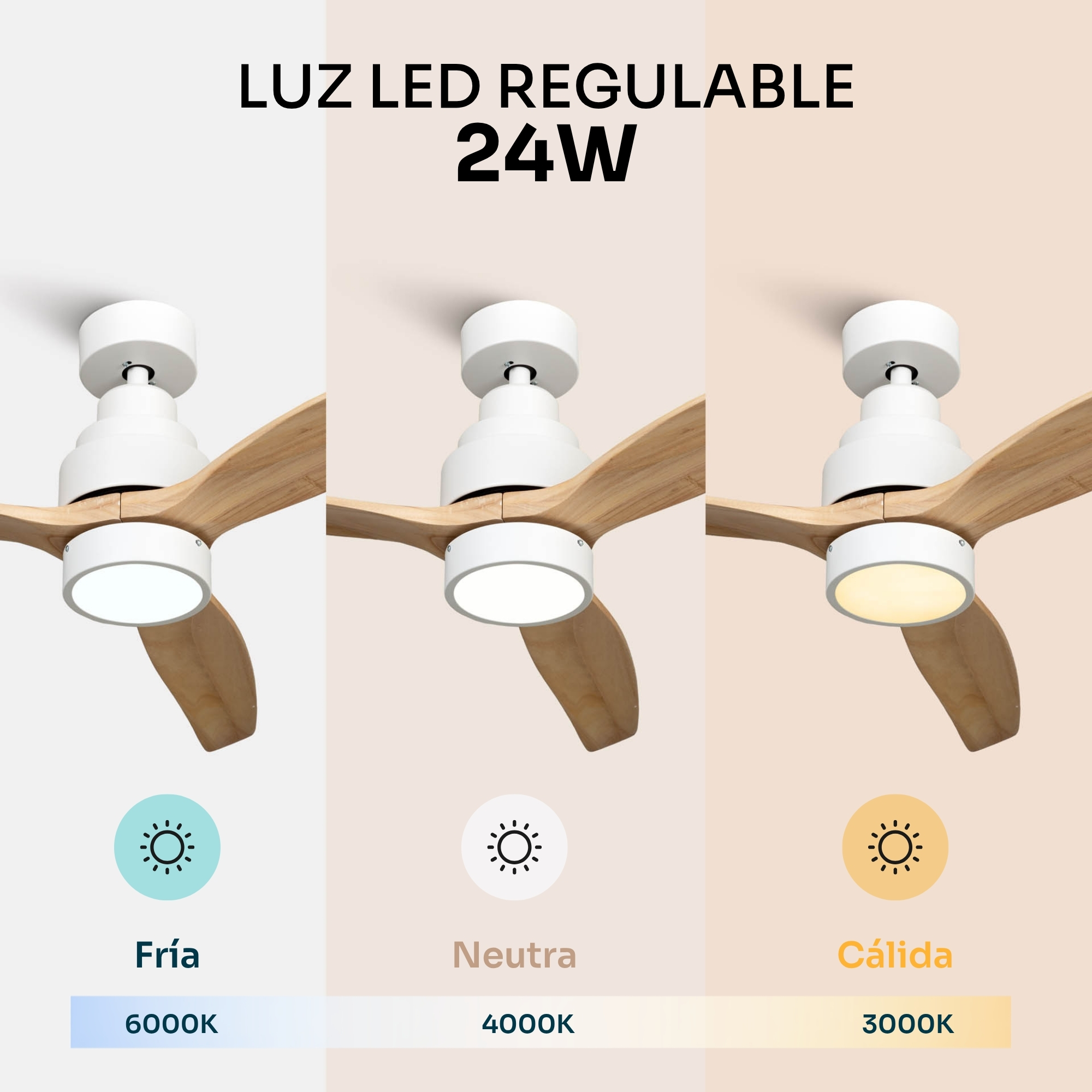 Tres ventiladores de techo idénticos con aspas de madera y bases blancas, mostrando configuraciones de luz LED fría, neutra y cálida.