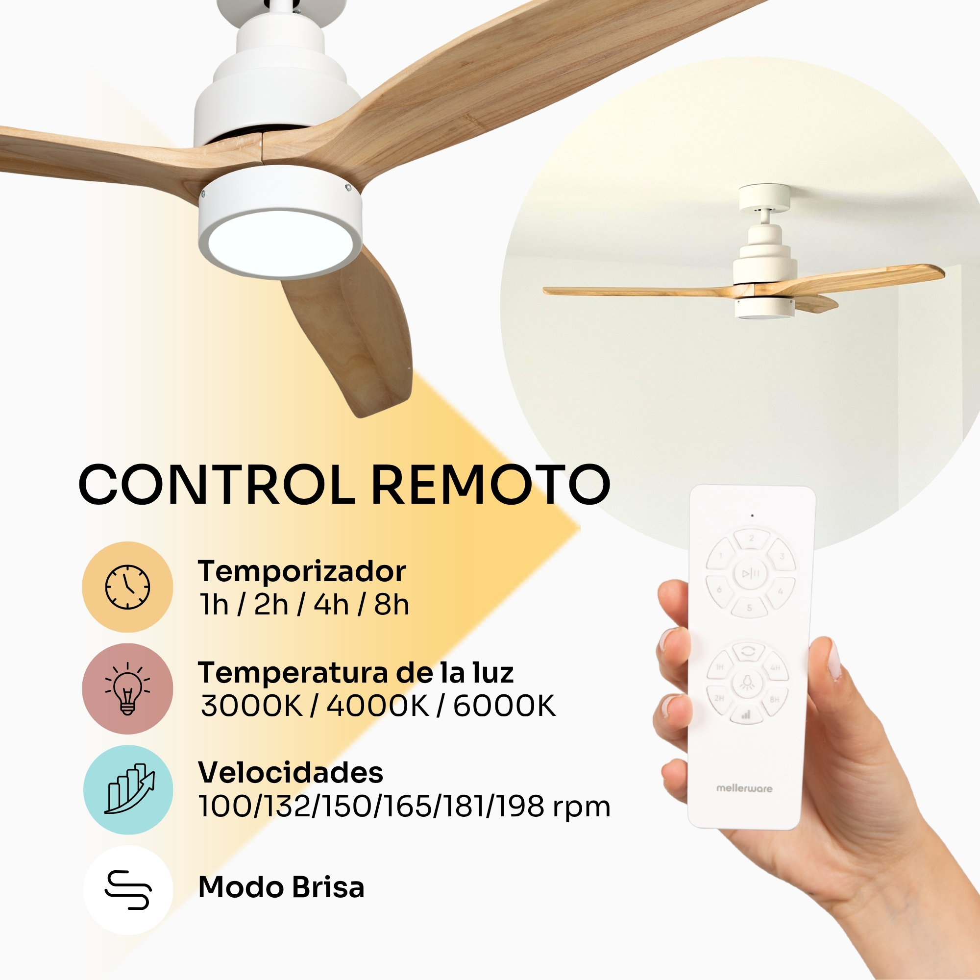 Ventilador de techo con aspas de madera y control remoto, muestra temporizador, luz, velocidades.