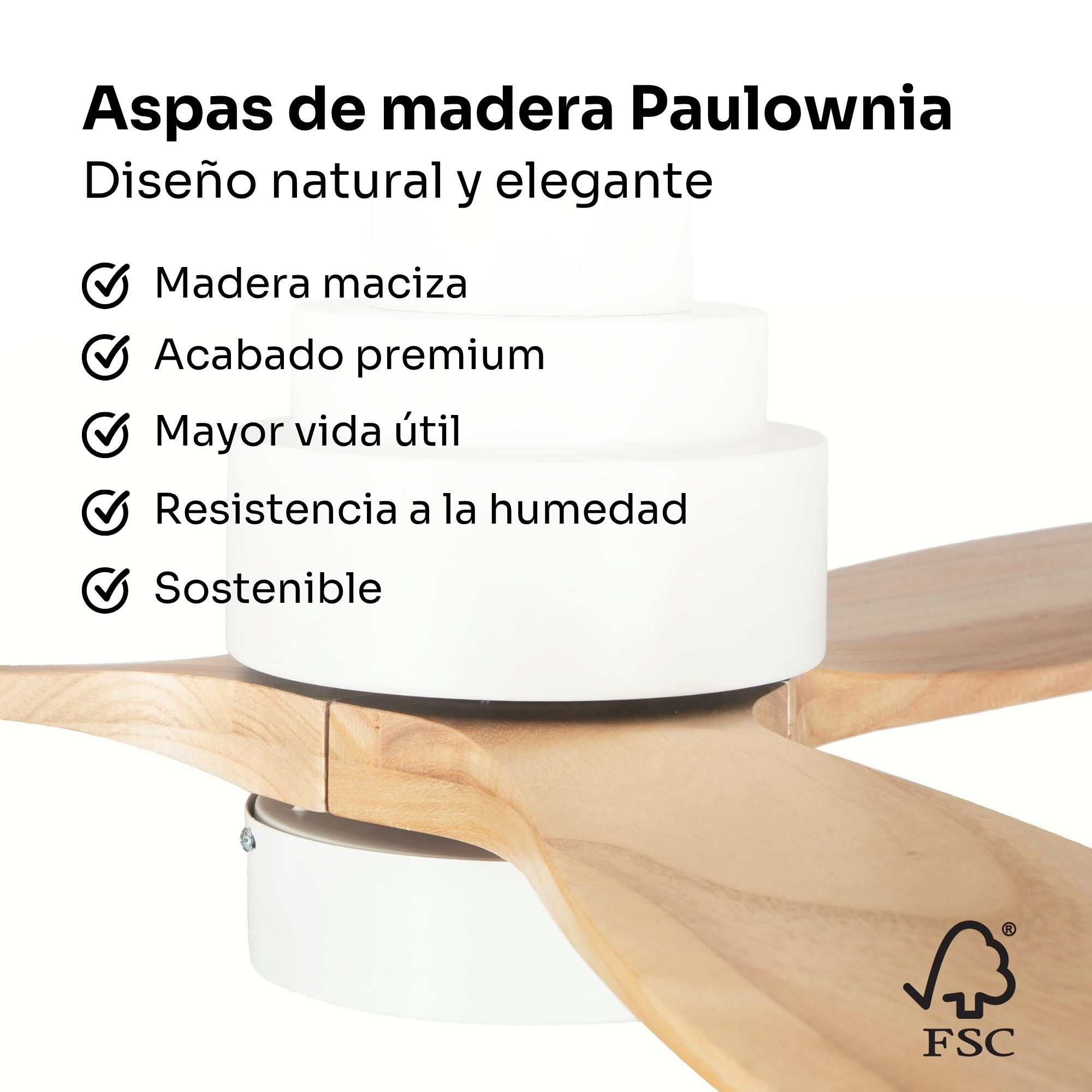 Aspas de madera de ventilador con logo FSC.