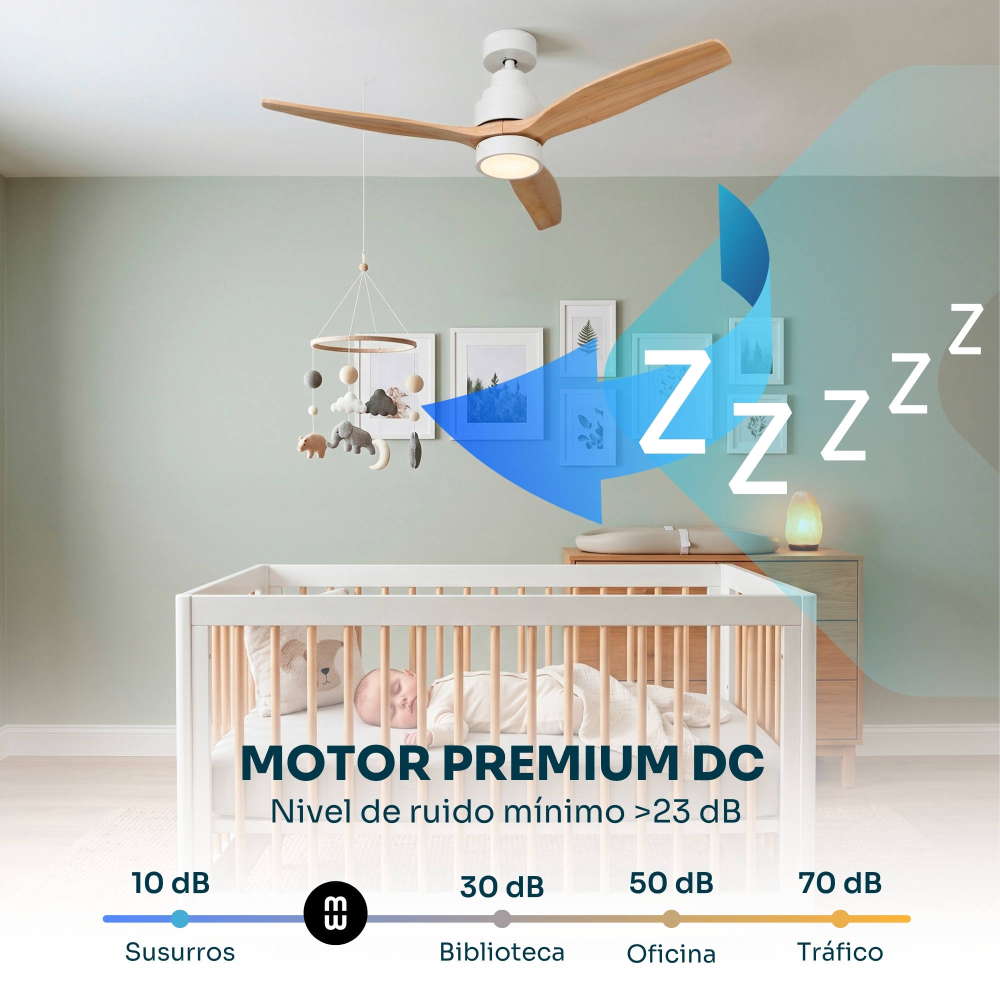 Bebé durmiendo en cuna bajo ventilador de techo. Escala de decibelios.