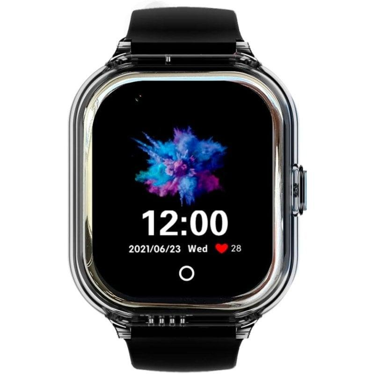 Una pantalla de reloj inteligente negra muestra las 12:00, fecha y ritmo cardíaco de 28.