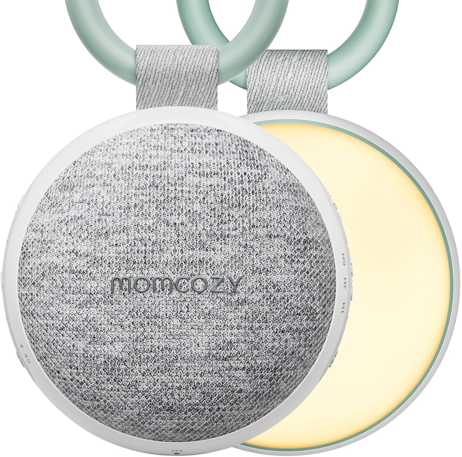 Deux appareils MOMCOZY blancs à façade en tissu texturé et lumières jaunes vives.
